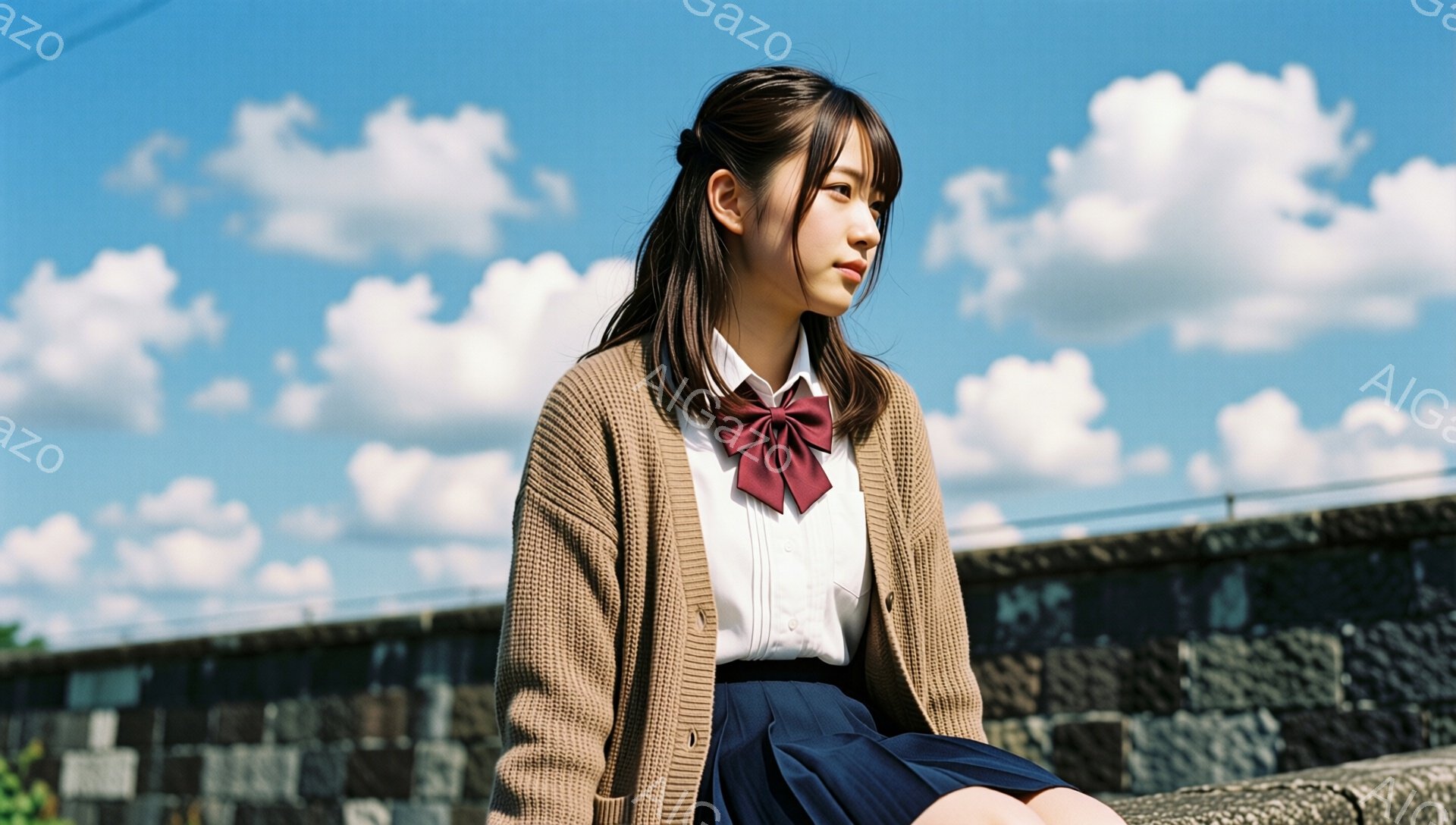 画像は、茶色のカーディガン、白いシャツ、ワインレッドのリボン、紺色のスカートを着た若い女性が写っている。彼女は石造りの壁に座り、遠くを見つめており、憂いのある表情をしている。背景には青空と白い雲が広がり、穏やかで少し寂しげな雰囲気を醸し出している。