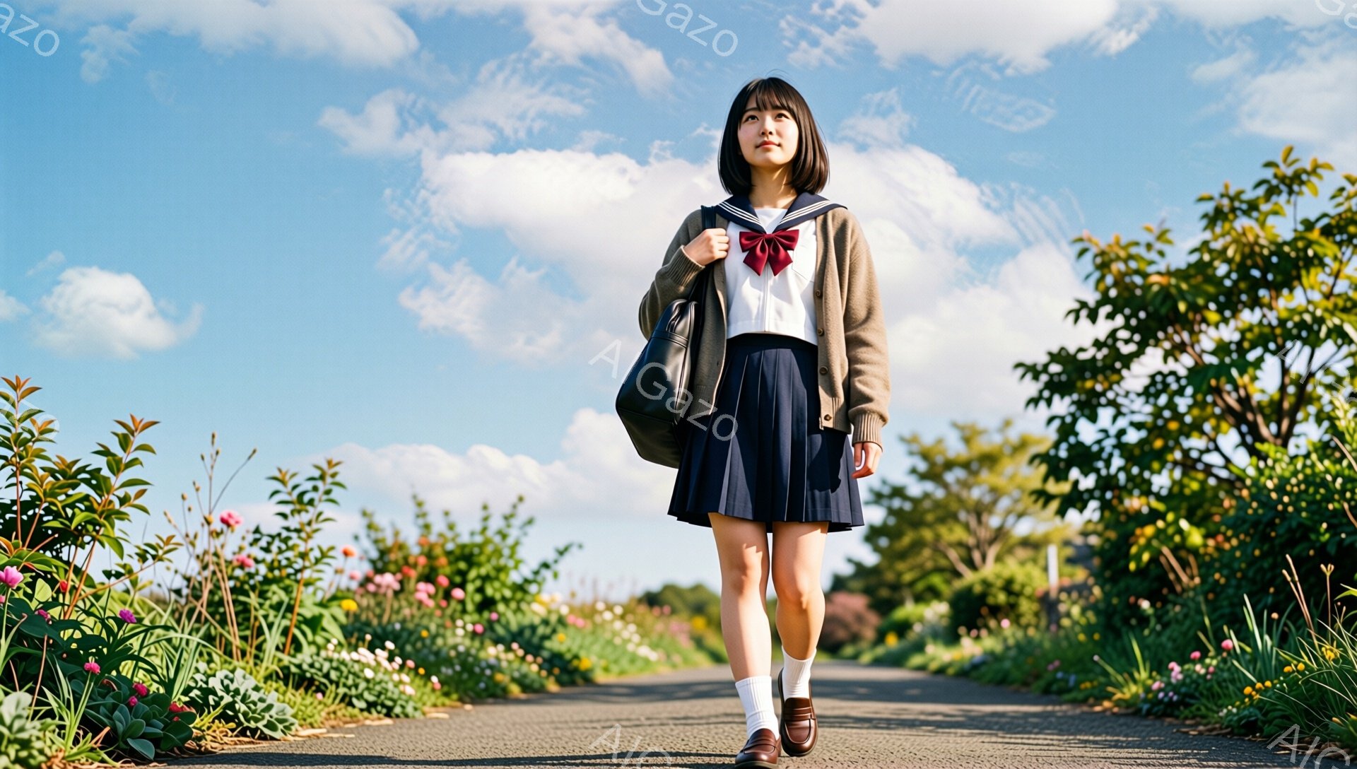 制服を着た女子高生が、花壇に囲まれた道を歩いている。彼女は茶色のカーディガン、濃い青色のプリーツスカート、白い靴下と茶色のローファーを履いており、リボンが結ばれた髪は肩までの長さである。晴れた空と緑豊かな背景が、爽やかで若々しい雰囲気を醸し出している。