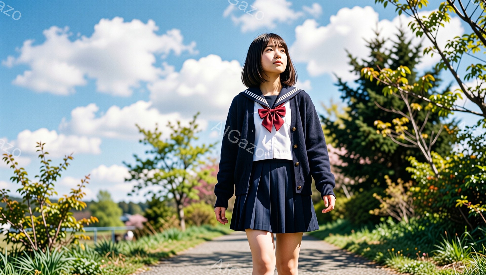 制服を着た若い女性が、緑豊かな並木道の中を歩いている。紺色のカーディガンとプリーツスカート、赤いリボンがアクセントになっている。彼女は空を見上げ、少し微笑んでいるような表情で、晴天の下、穏やかで希望に満ちた雰囲気が漂っている。