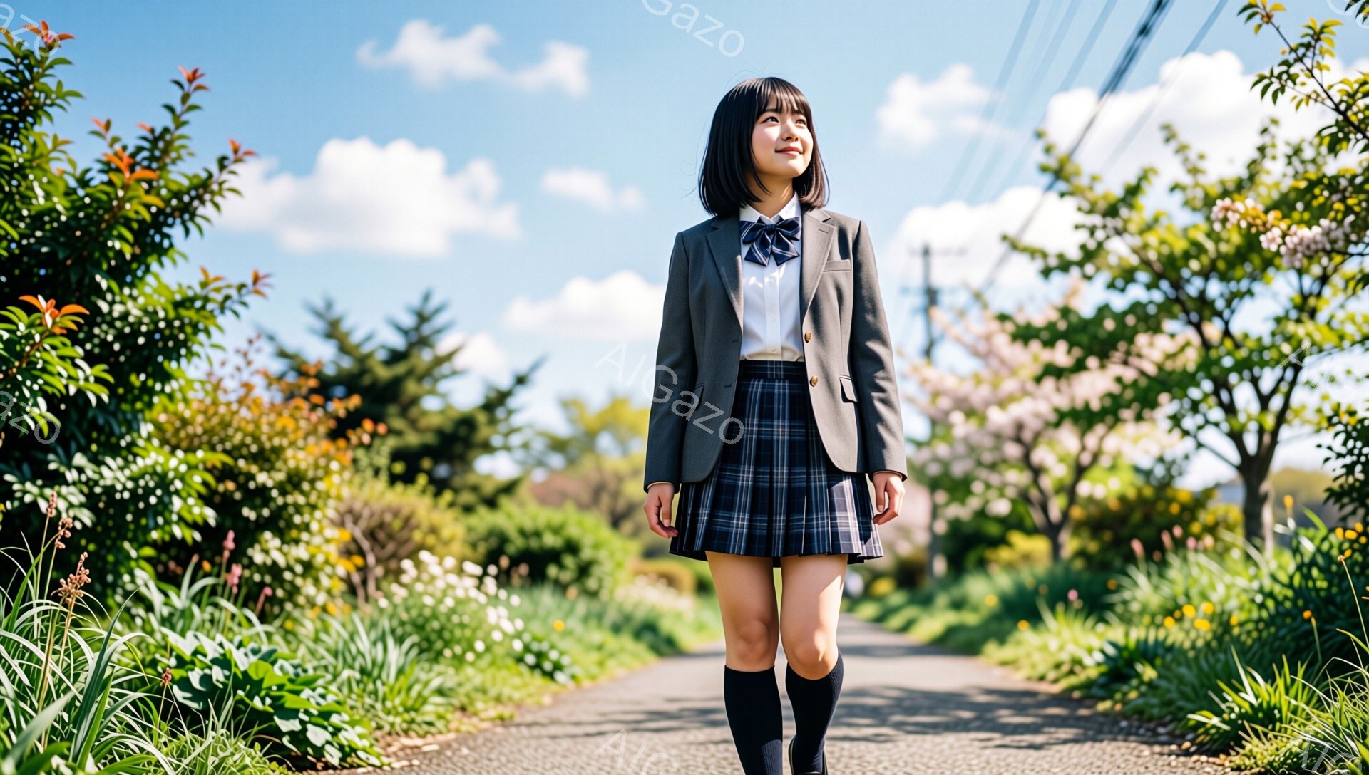 制服を着た若い女性が、花壇に囲まれた田舎道をまっすぐ歩いている。彼女は黒髪のショートボブで、少し上を見ている表情はどこか希望に満ちている。背景には、ピンク色の花が咲き誇る木々と、青空が広がり、穏やかで春らしい雰囲気が漂っている。