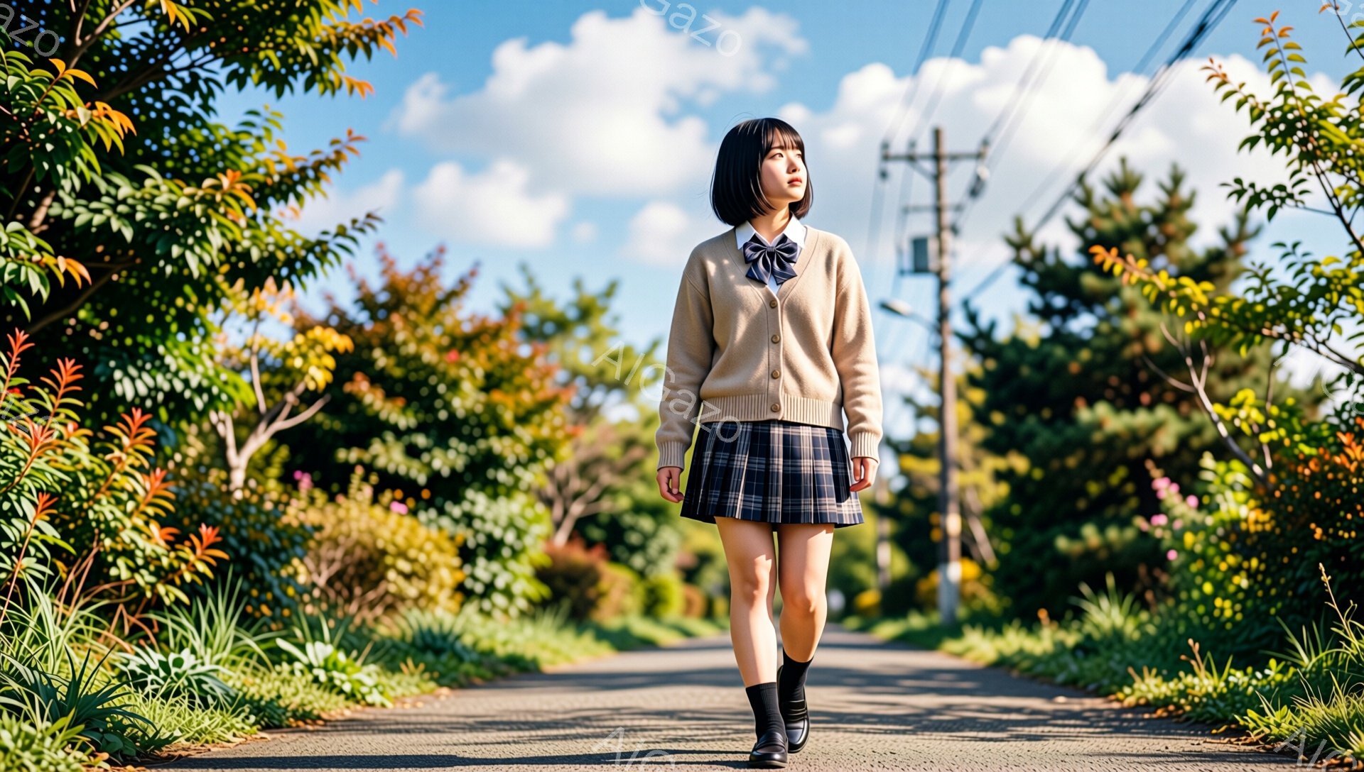 茶髪のショートヘアに、制服姿の若い女性がアスファルトの道の中央を歩いている。ベージュのカーディガン、チェック柄のスカート、黒い靴下とローファーを着用し、どこか寂しげな表情で前を見つめている。背景には緑豊かな植物や木々が広がり、晴天の空が広がっているため、ノスタルジックで少し物憂げな雰囲気が漂っている。