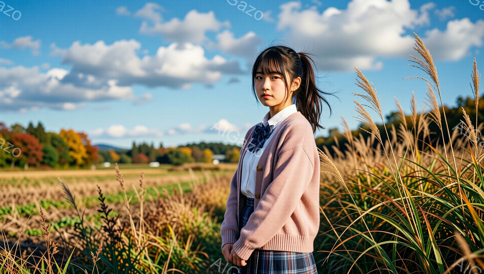 若い女性が、ピンク色のカーディガン、チェック柄のスカート、白いシャツ、ネクタイという制服を着て立っています。彼女は髪を後ろでポニーテールにし、少し眉間にしわを寄せた、わずかに厳しい表情をしています。背景には、枯れた草が生い茂る草原と、遠くの山々と家々が見え、晴れた青空が広がっています。