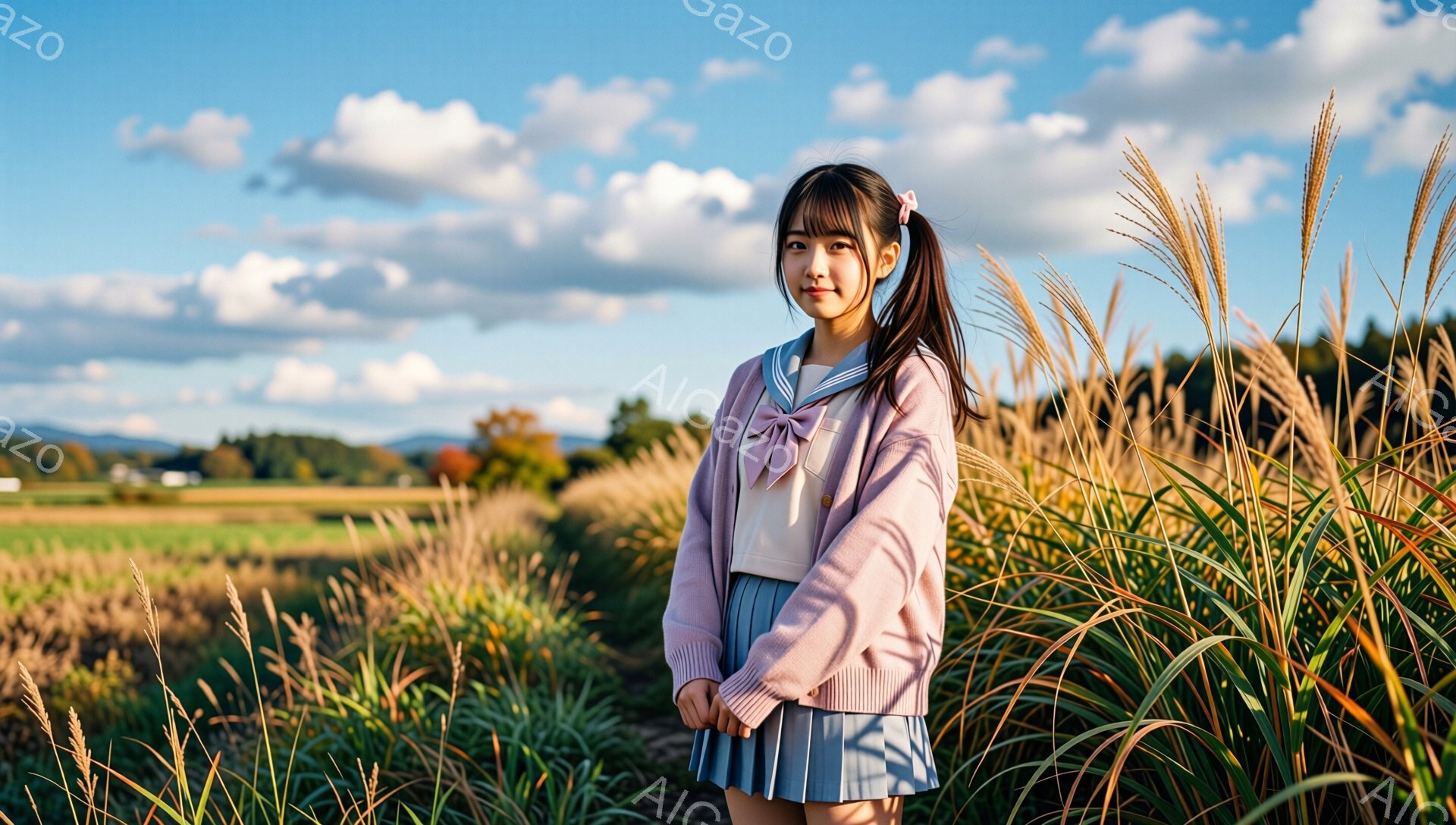 長い黒髪をポニーテールにした少女が、ピンク色のカーディガンと白いブラウス、水色のプリーツスカートを着て立っています。彼女はわずかに微笑んでおり、視線は正面にあります。背景には、秋のすすき野原と、遠くに見える緑の丘、そして晴れた青空が広がっており、穏やかで美しい雰囲気を醸し出しています。