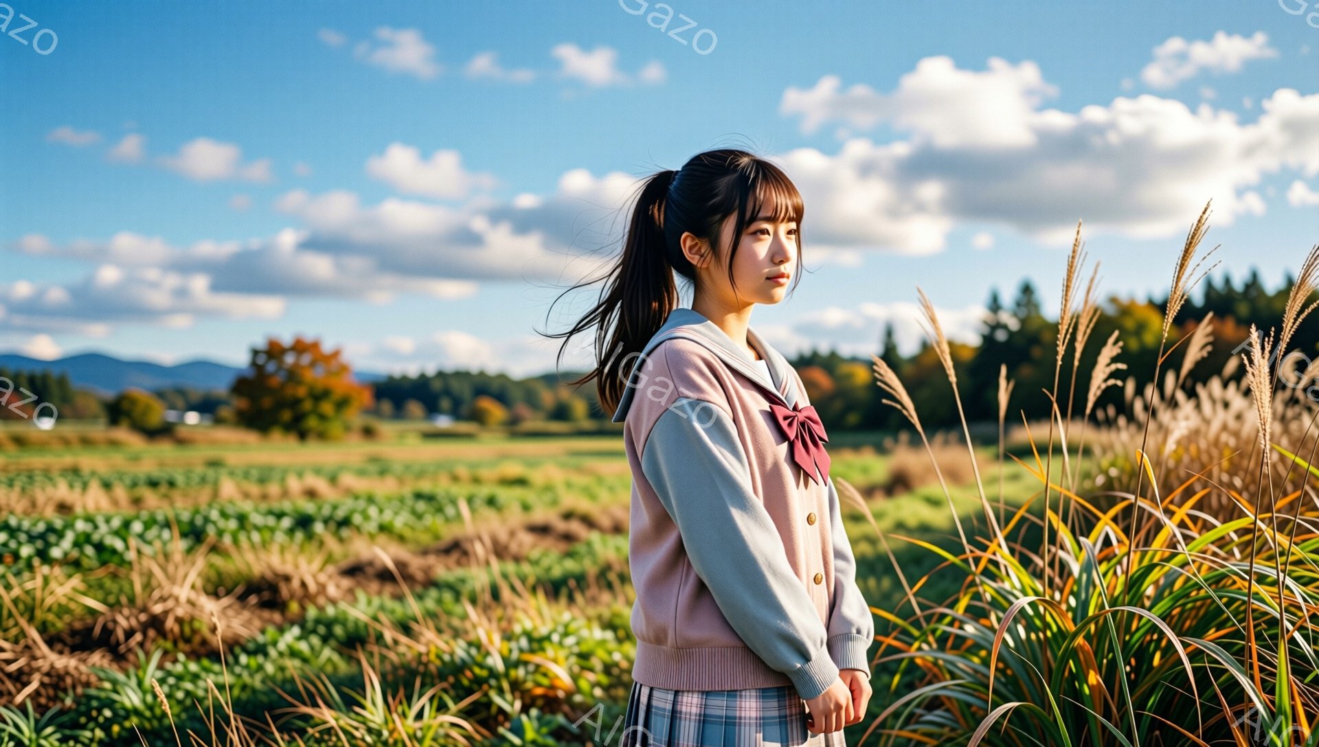 長い黒髪をポニーテールにした若い女性が、ピンク色のカーディガンとチェックのスカートを着ています。彼女は少し横を向き、遠くを見つめており、穏やかで物憂げな表情を浮かべています。背景には緑と茶色の草地、そして遠くに山々と青空が広がっており、秋の穏やかな田園風景が広がっています。