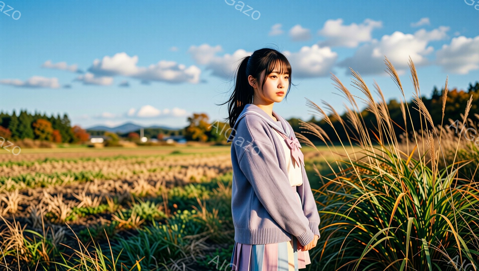 紫色のセーターと、パステルカラーのスカートを身に着けた若い女性が、ススキの野原に立っている。彼女は少し振り返り、憂いを帯びた表情でカメラを見ている。背景には、緑の田園風景と、遠くの山々が見え、晴れた秋空が広がっている。