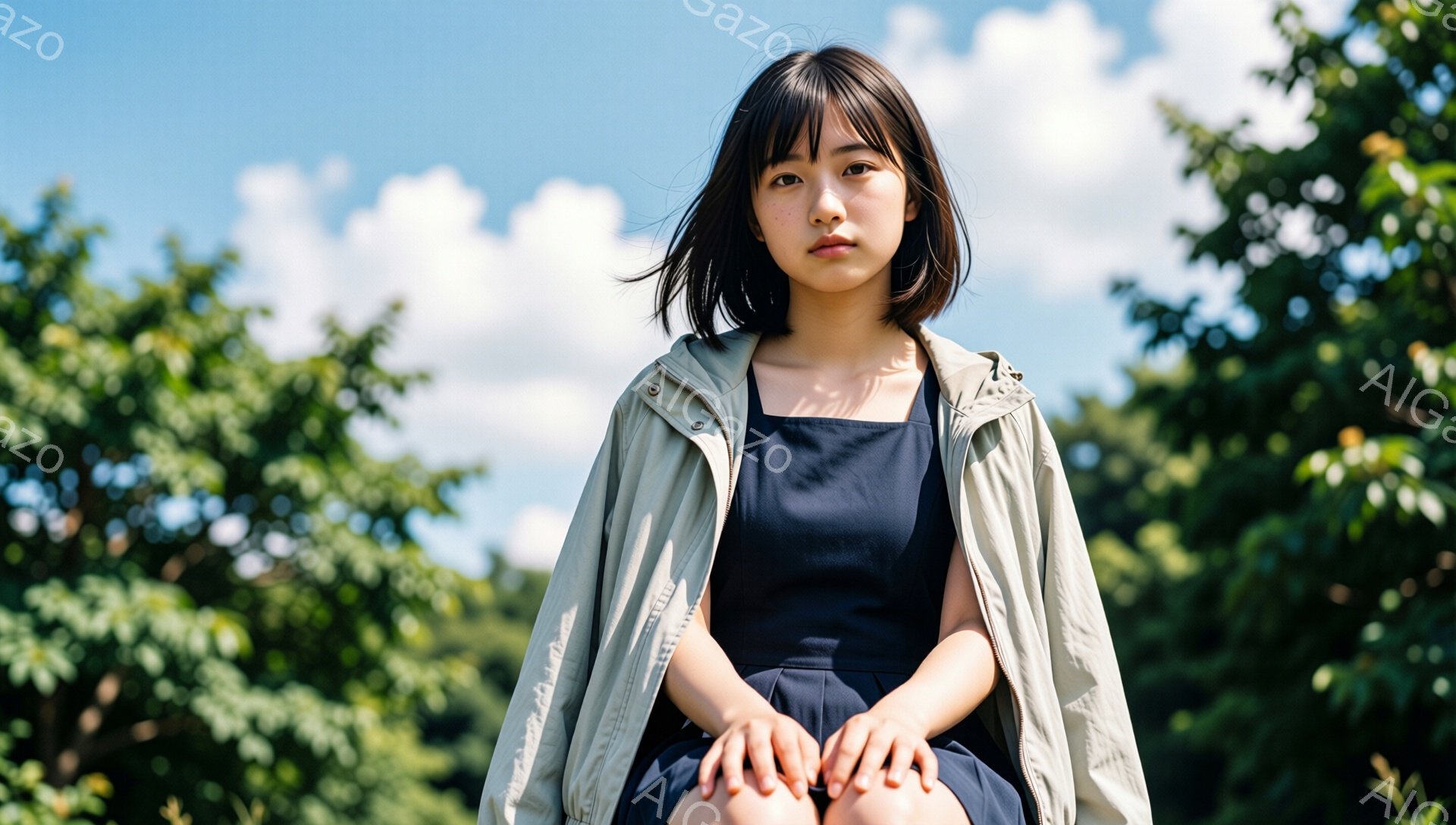 短い黒髪の前髪が目にかかる女性が、紺色のワンピースに薄緑色のジャケットを羽織って座っています。彼女は両膝を抱え、まっすぐ前を見据え、表情は少し憂いを帯びています。背景には緑豊かな木々が広がり、晴天の空が広がっており、穏やかで少し寂しげな雰囲気を醸し出しています。