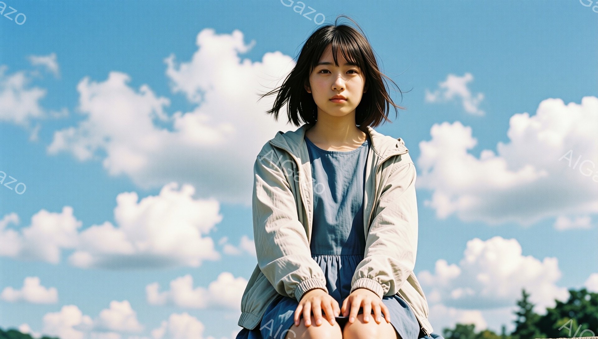 若い女性が、薄い青色のワンピースにベージュ色のウィンドブレーカーを羽織って、膝を抱えて座っています。彼女は黒髪のショートヘアで、少し憂いのある表情をしています。背景には緑豊かな木々と、白い雲が広がる青空が広がっており、穏やかで少し寂しげな雰囲気を醸し出しています。
