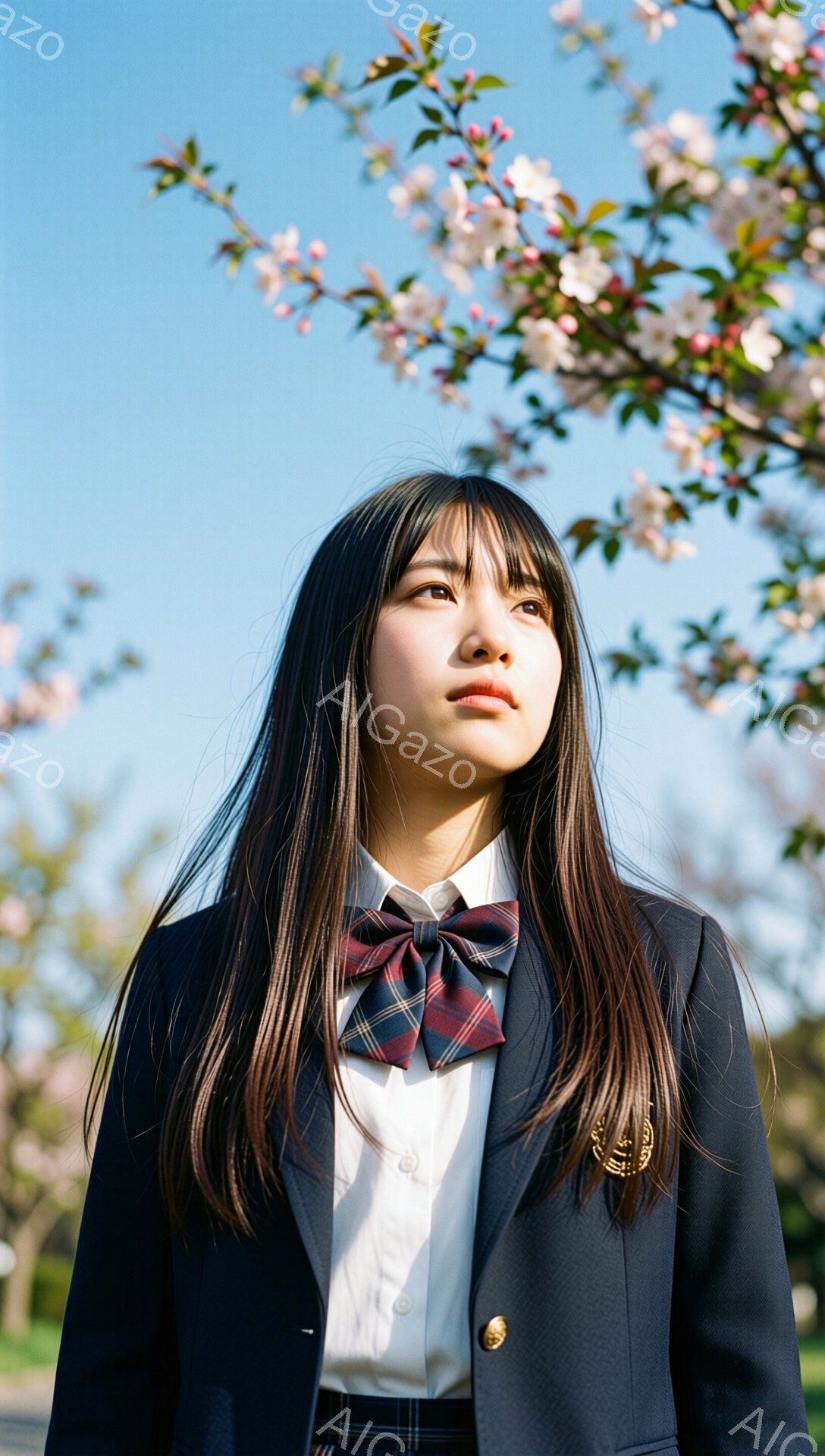 黒いブレザーにチェック柄のネクタイ、白いシャツを着た若い女性が写っている。彼女は長い黒髪で、少し上を見ている表情はどこか物憂げだ。背景には桜の木が咲き誇り、青空とのコントラストが美しい春の日の光景である。