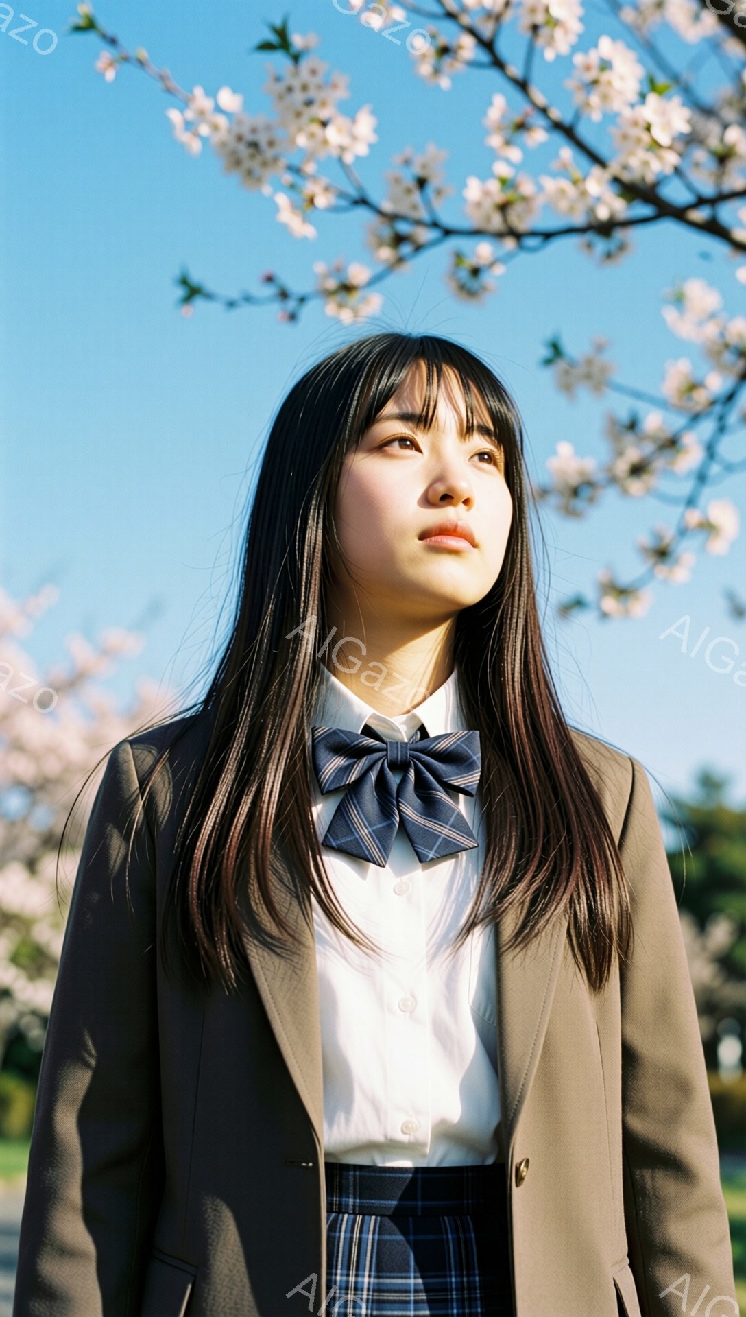 長い黒髪をセンターパートにした女子学生が、制服姿でこちらを見上げています。彼女はベージュ色のブレザー、白いシャツ、チェック柄のネクタイ、チェック柄のスカートを身に着けており、少し憂いを帯びた表情をして - AI生成フリー素材