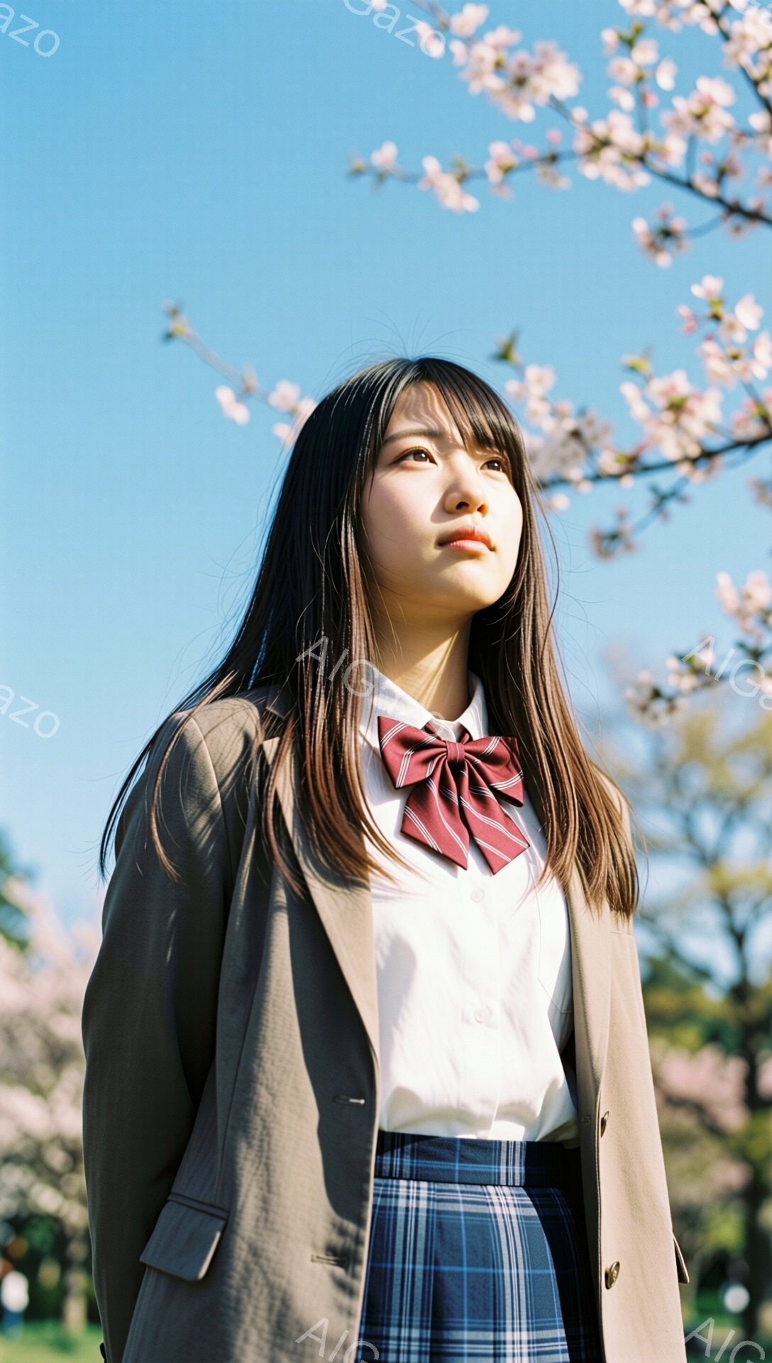 明るい日差しの中、制服を着た若い女性が立っている。彼女は白のシャツにチェック柄のスカート、そしてベージュ色のブレザーを羽織り、赤いリボンで首元を飾っている。背景には桜の花が咲き誇る木々と青空が広がり、春の訪れを感じさせる穏やかな雰囲気である。