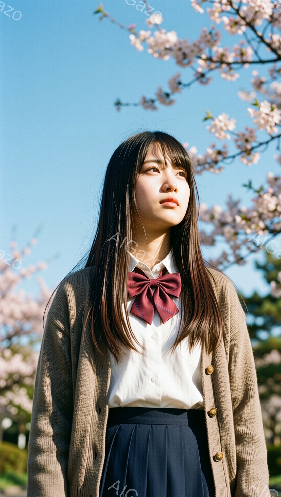 長い黒髪をセンターパートにした女子高生が、ベージュ色のカーディガン、白いシャツ、茶色のリボン、紺色のスカート姿で立っている。彼女は少し上を見上げ、憂いを帯びた表情を浮かべている。背景には桜の木が咲き誇り、青空が広がっており、春の穏やかな雰囲気が漂う。