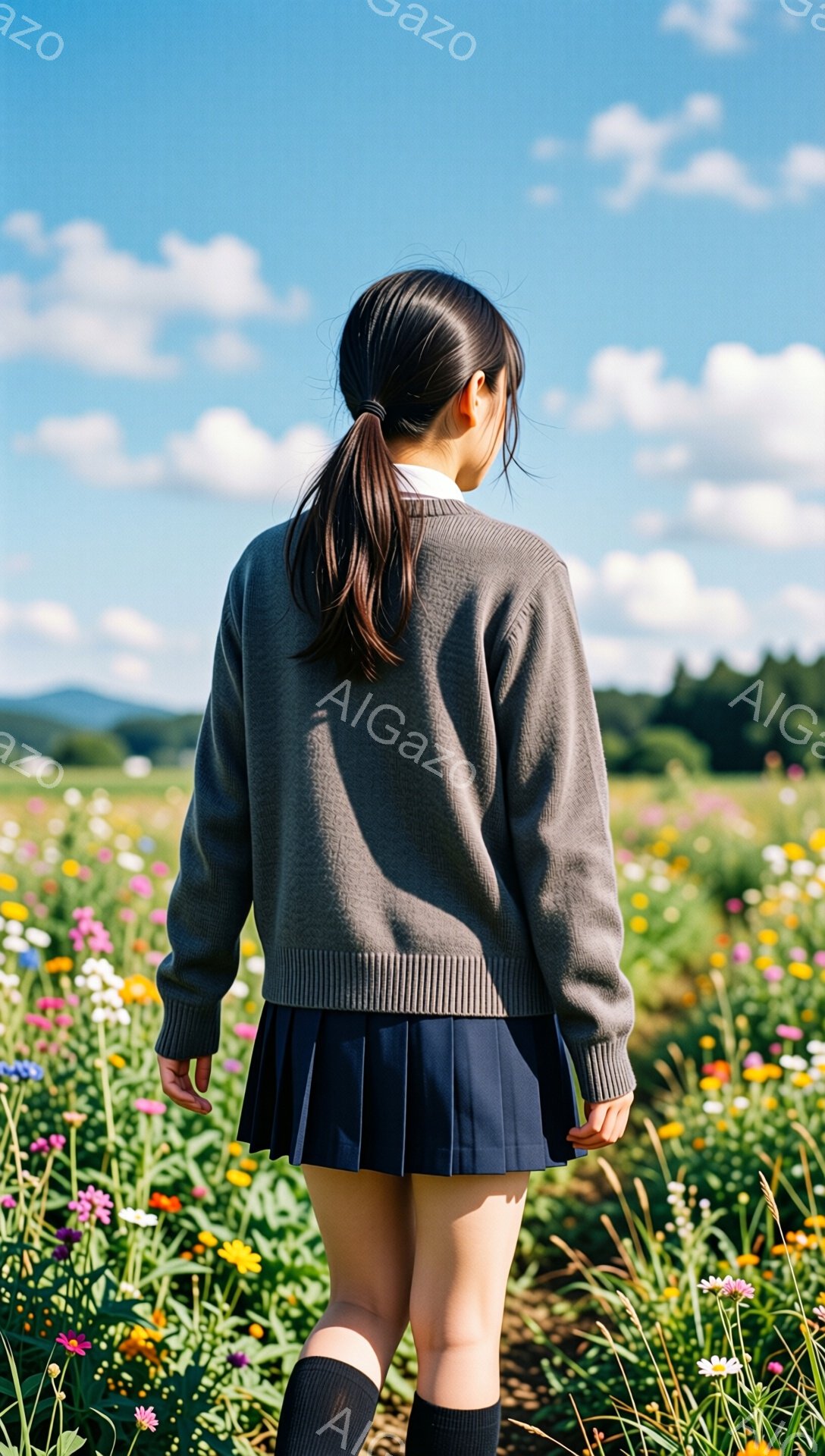 長い黒髪をポニーテールにした少女が、花畑の中を歩いている後ろ姿が写っている。紺色のプリーツスカートと黒いソックス、グレーのカーディガンを着ている。背景には青空と白い雲、遠くには緑の山々が見え、明るく穏やかな雰囲気である。