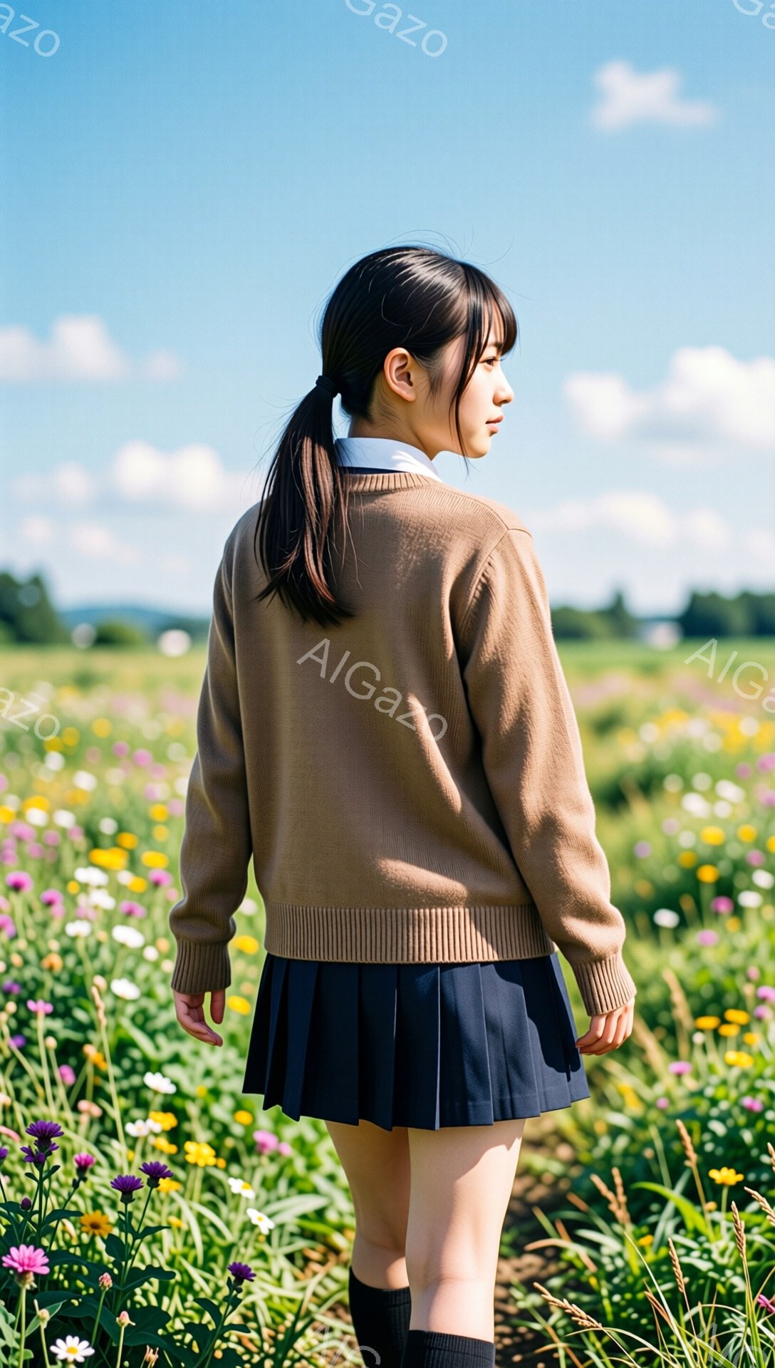 金髪の少女が花畑の中に立っている。彼女はベージュ色のカーディガン、白いシャツ、黒いプリーツスカート、黒い靴下を着用しており、髪は後ろでポニーテールに結われている。背景には緑の草地と青い空が広がり、晴れた日の穏やかな雰囲気が漂っている。