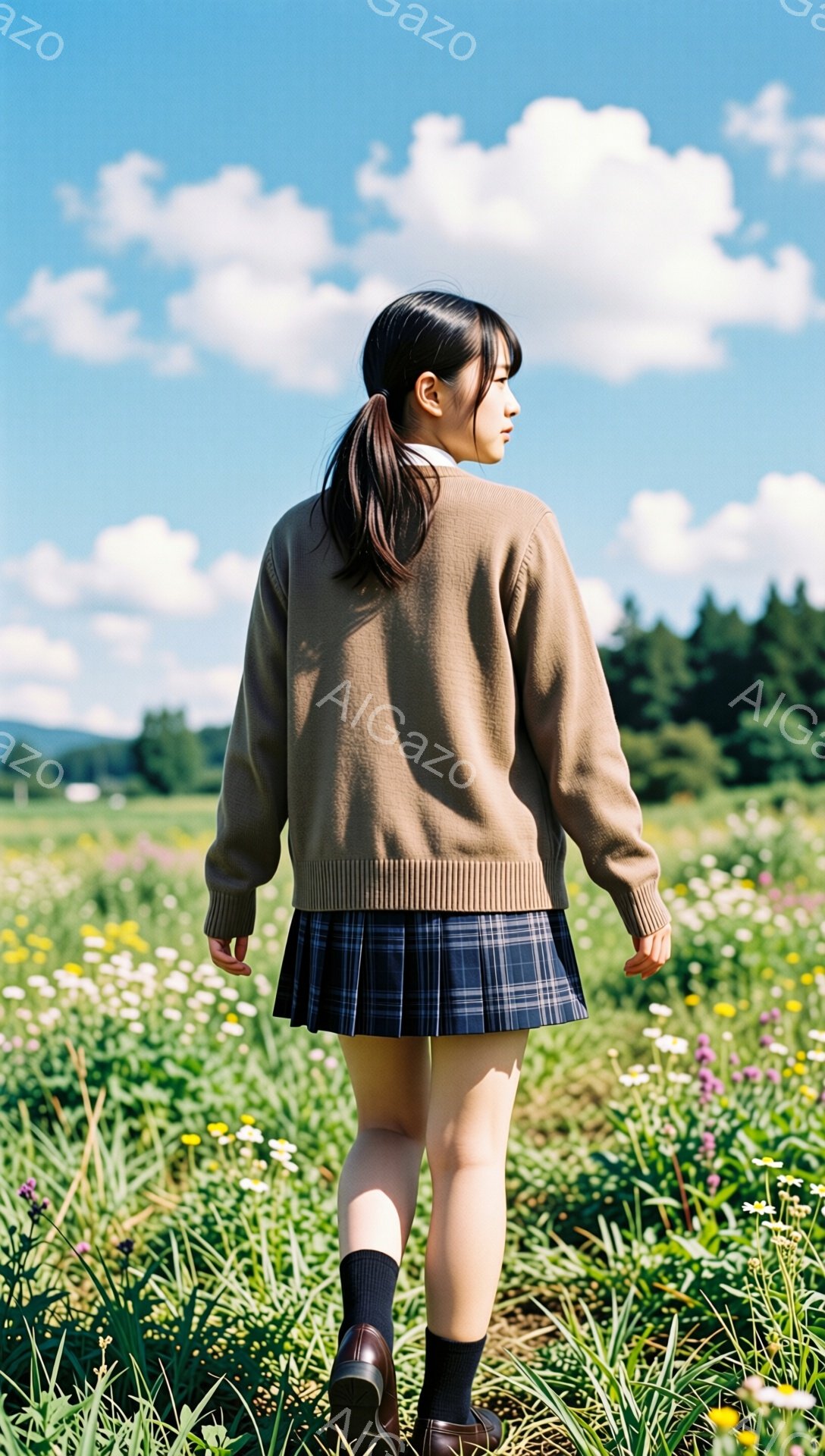 長い黒髪をポニーテールにした若い女性が、花畑の中を歩いている後ろ姿が捉えられています。ベージュのセーターとチェック柄のプリーツスカート、黒い靴下と靴を履いており、制服のような服装です。背景には緑の丘と森林、そして晴れた青空が広がり、穏やかでノスタルジックな雰囲気が漂っています。