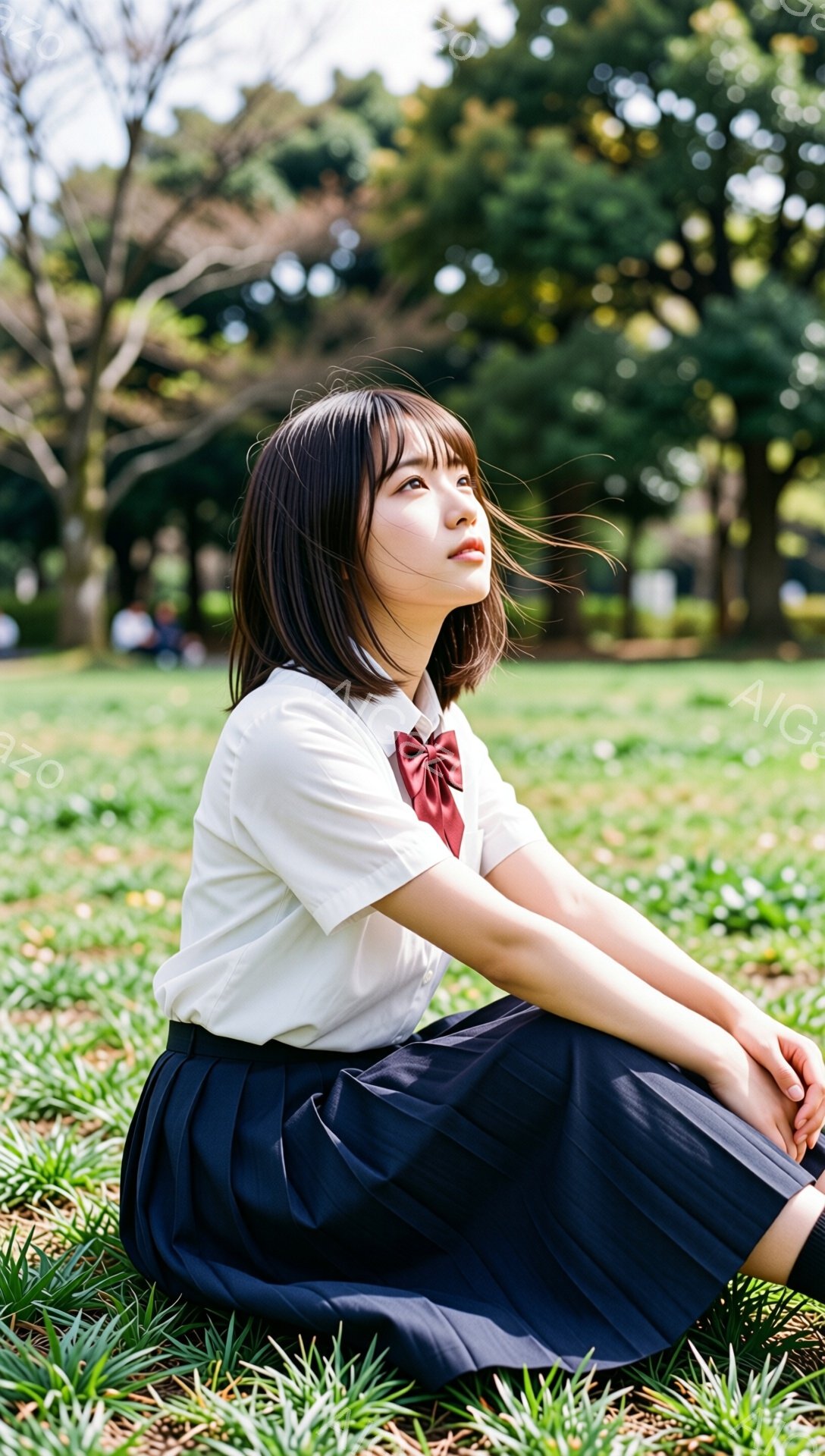 若い女性が緑の草の上に座っており、白いシャツと黒いプリーツスカート、赤いリボンをつけている。彼女は少し上目遣いで、横を向いており、表情は穏やかでどこか物憂げだ。背景には木々が生い茂り、穏やかな日差しが差し込んでいるため、静かで牧歌的な雰囲気が漂っている。