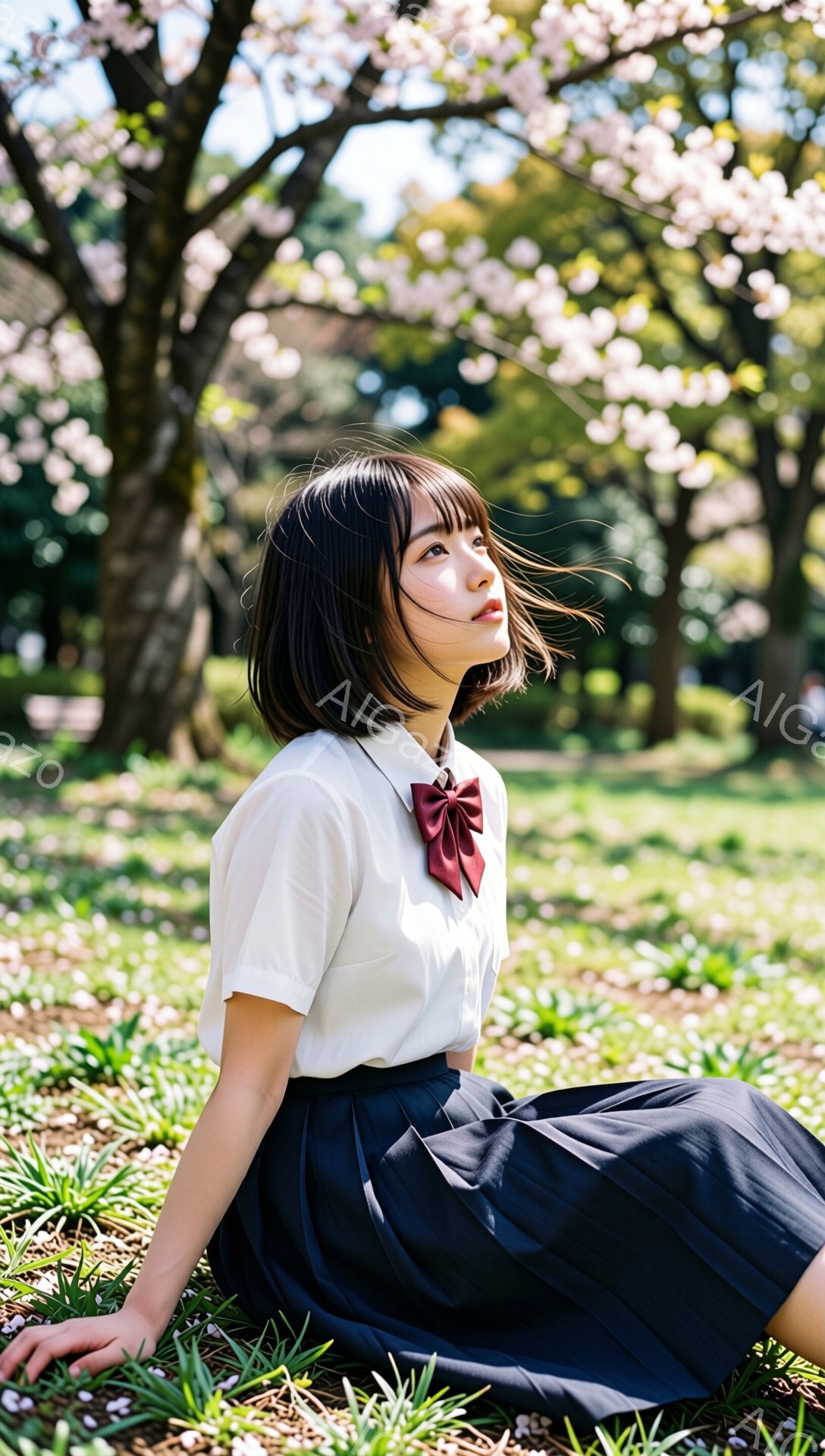 桜並木の中、制服を着た若い女性が横座りしている。彼女は黒いボブヘアで、赤いリボンを締めた白いブラウスと黒いプリーツスカートを着用し、少し上目線で遠くを見つめている。背景には桜の花びらが舞い散り、春の穏 - AI生成フリー素材