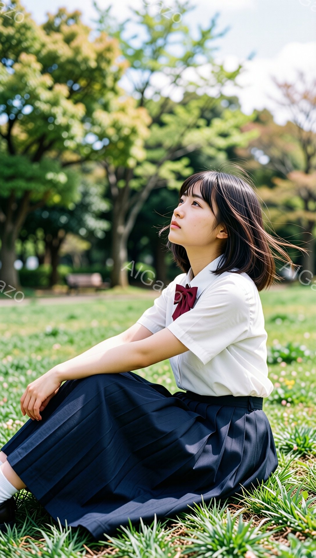 ショートヘアの若い女性が、緑豊かな草むらに座っています。白いシャツに黒いプリーツスカート、赤いリボンという制服姿で、少し上目遣い、考え事をしているような表情をしています。背景には緑の木々と、ぼんやりと見える建物があり、晴れた日の穏やかな雰囲気が感じられます。