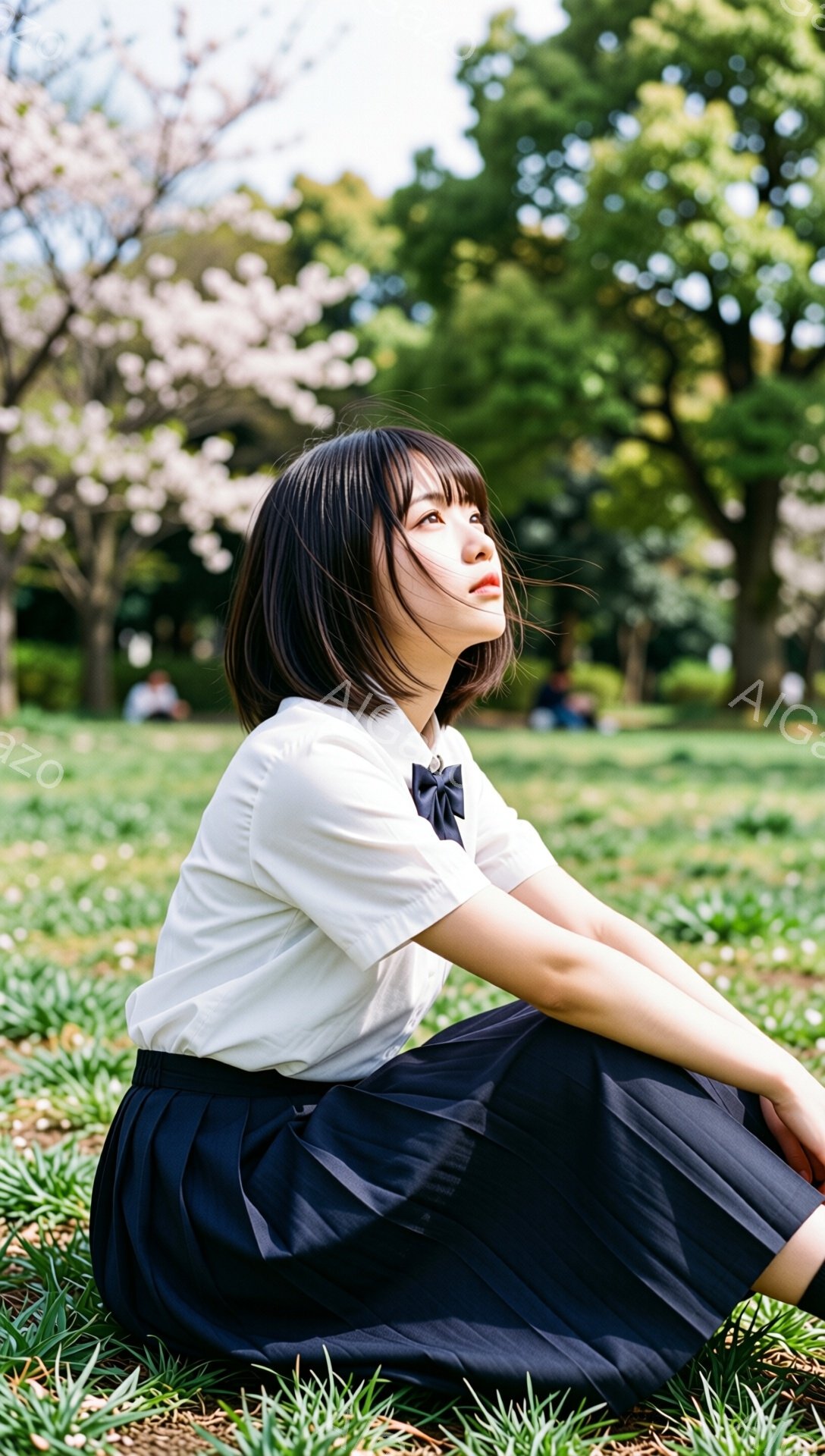短い黒髪の女性が、緑の草の上に座って横を向いている。白いブラウスに黒いプリーツスカート、そして黒い靴下を履いている。背景には桜の木々と青空が見え、春の穏やかな雰囲気が漂っている。