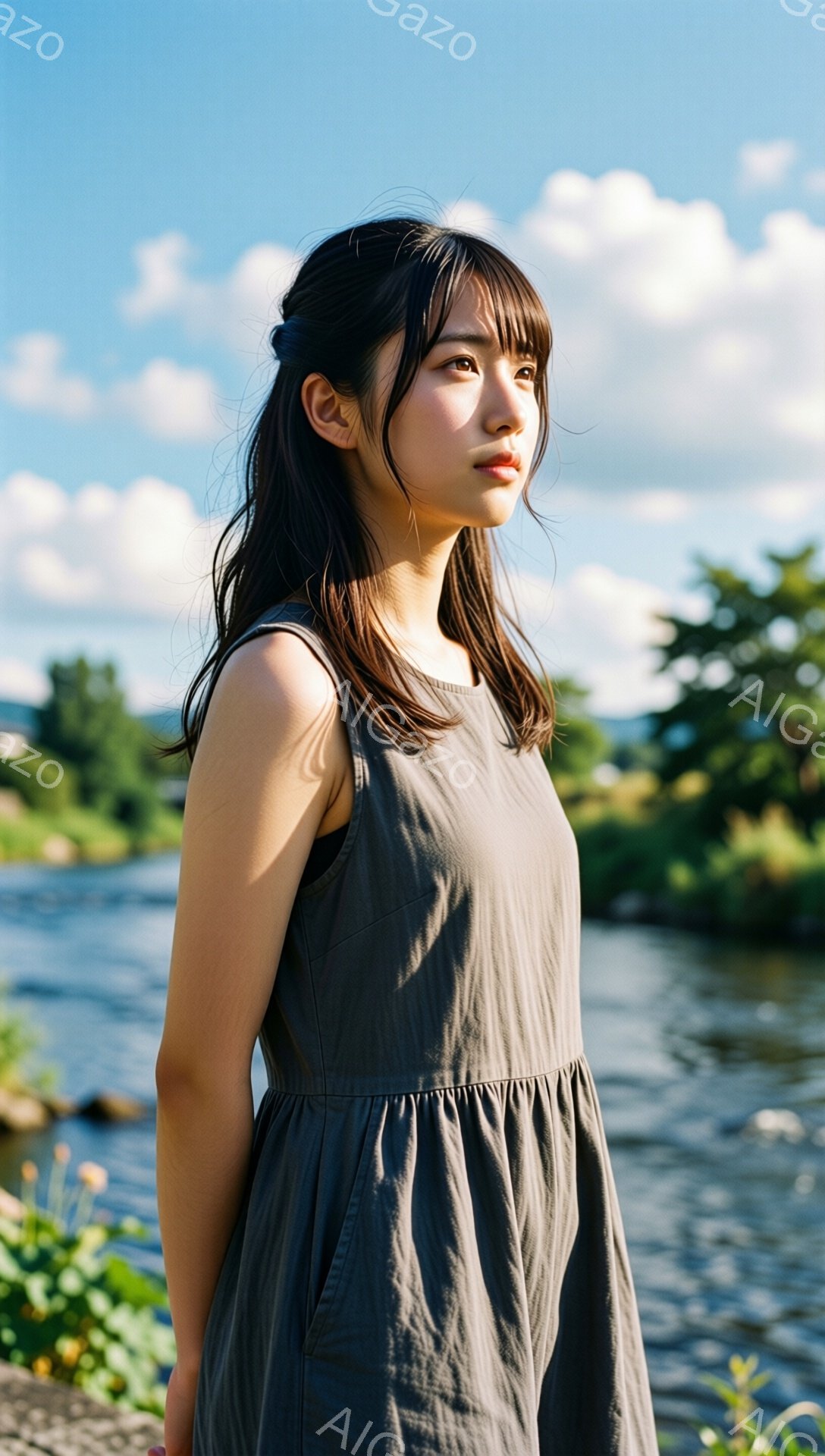長い黒髪で、前髪は眉毛にかかるように流されています。彼女は灰色のワンピースを着ており、少し横を向いて遠くを見つめています。背景には、穏やかな川と緑豊かな自然が広がり、晴天で穏やかな雰囲気が漂っています。