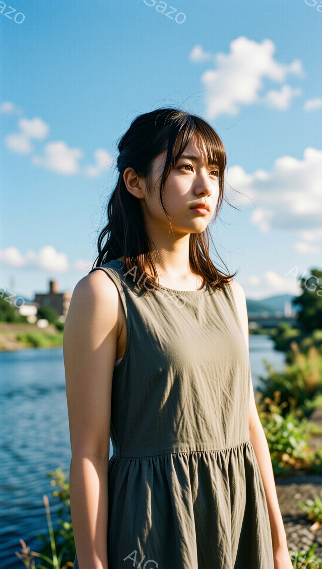 若い女性が、浅緑色のノースリーブワンピースを着て、少し横を向いて立っている。彼女はダークブラウンのストレートヘアで、軽く微笑んでいるように見える。背景には、水面がキラキラと輝く川と、緑豊かな植物、そして遠くに見える建物と山々が広がり、晴れた空の下、穏やかな雰囲気が漂っている。