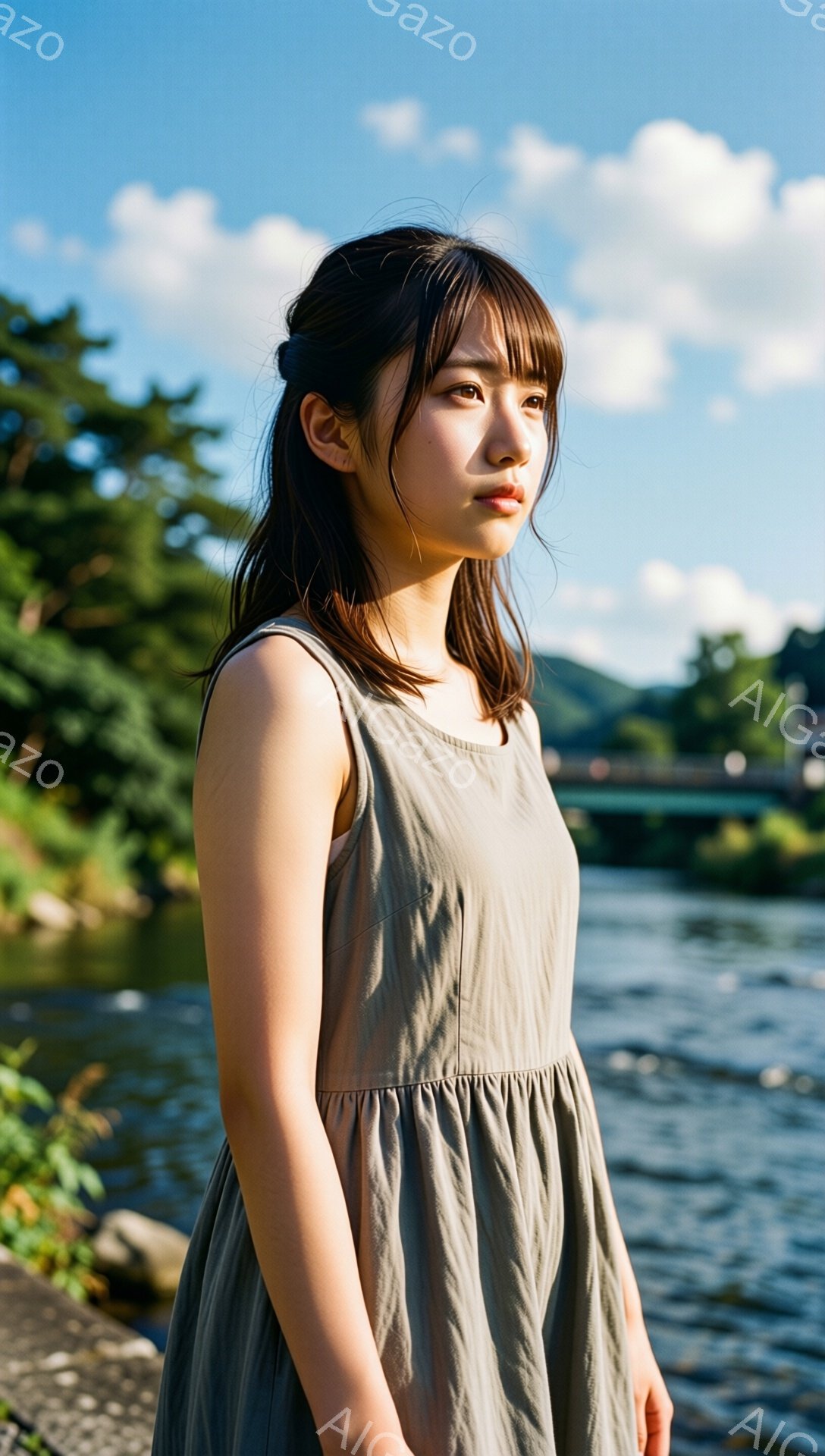 若い女性が、薄い緑色のゆったりとしたワンピースを着て、川沿いの道に立っている。彼女は黒髪で、前髪は眉毛にかかる程度に切り揃えられ、表情はやや物憂げで遠くを見つめている。背景には緑豊かな山々と、太陽の光を反射する川が広がり、晴天で穏やかな夏の日の雰囲気が漂っている。