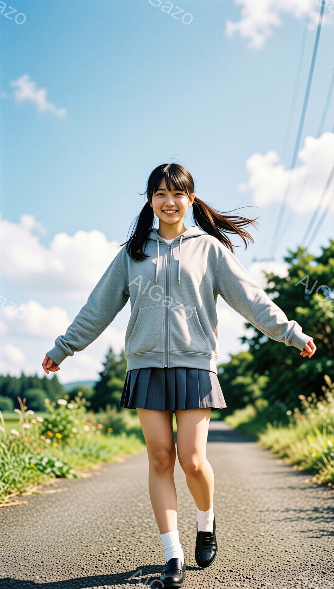 若い女性がアスファルトの道で走っている様子が写っている。彼女はグレーのジップアップパーカーとプリーツスカート、白いソックス、黒い靴を履いており、髪は後ろで2つに結んでいる。晴れた空の下、緑豊かな自然に囲まれた道で、彼女は笑顔で活気に満ちた雰囲気を出している。