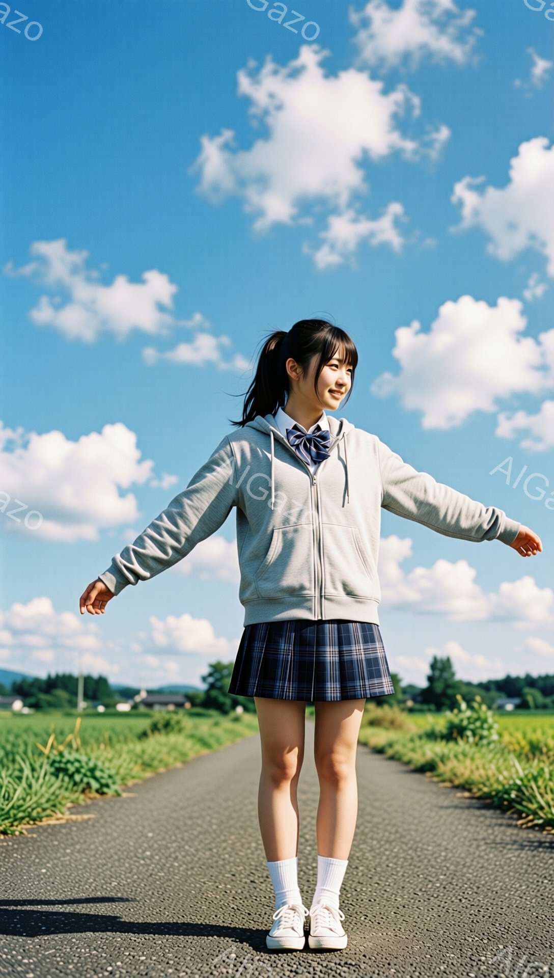 明るい青空の下、女子高生がアスファルトの道で両手を広げて立っている。紺色のリボンと白のブラウスに、チェック柄のプリーツスカート、白いソックスとスニーカーを履き、グレーのパーカーを羽織っている。背景には緑の田んぼが広がり、のどかな田園風景が広がっている。