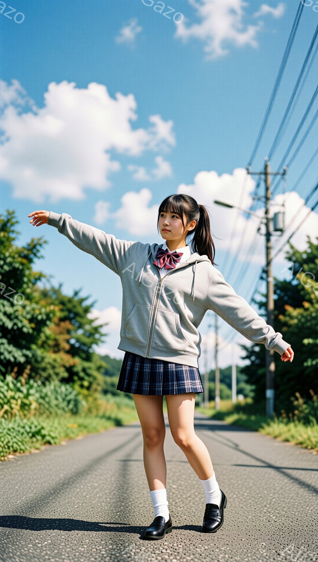 明るい日差しの下、紺色のスカートと白いセーラー風のブラウスにグレーのパーカーを着た女子高生が、アスファルトの道の上で両手を広げて立っている。彼女は少し微笑んでおり、髪はポニーテールに結ばれている。背景には緑豊かな木々が広がり、空には白い雲が浮かび、全体的に爽やかで開放的な雰囲気が漂う。