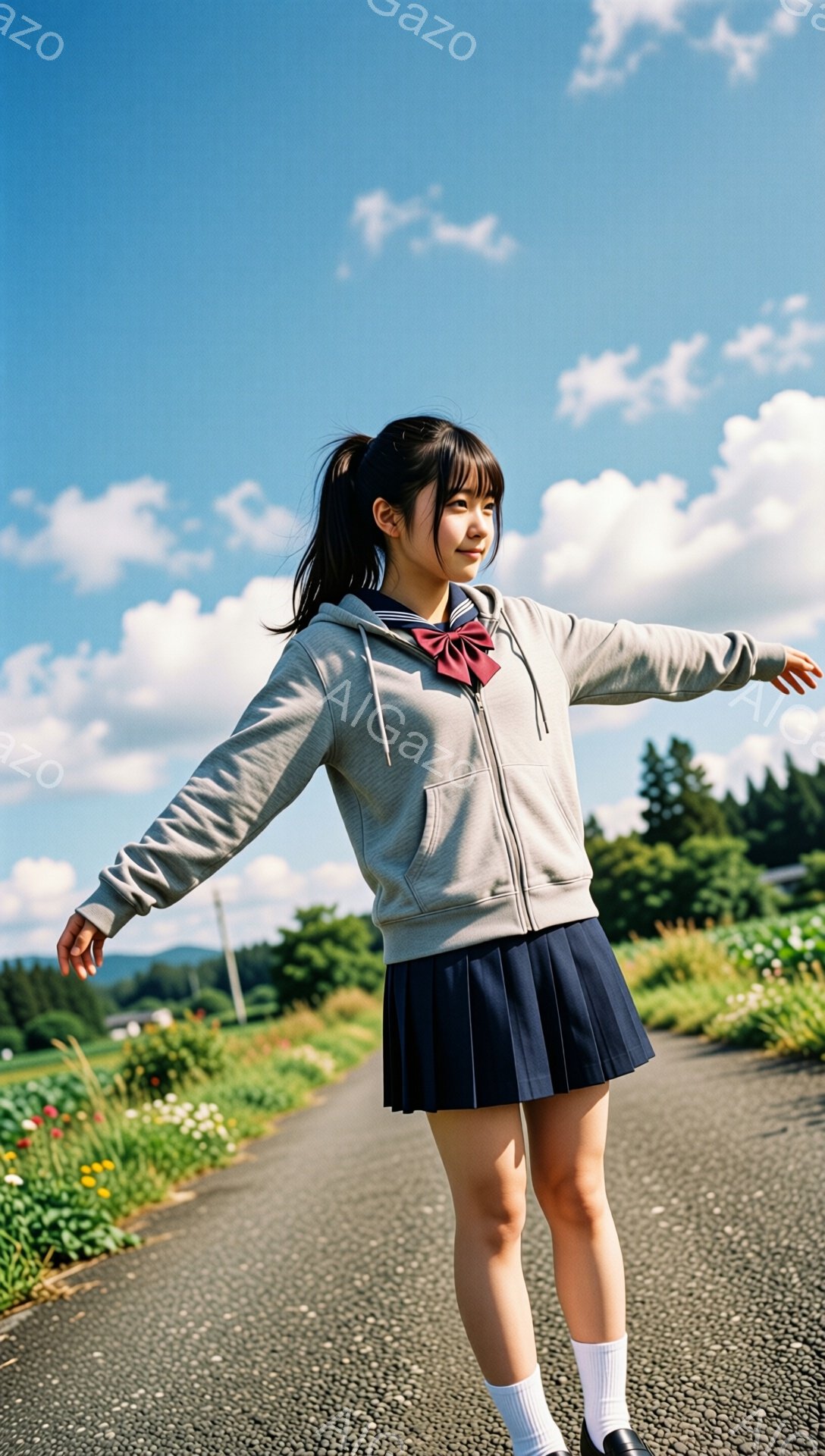 若い女性がアスファルトの道で両手を広げて立っています。彼女はグレーのパーカー、プリーツの紺色のスカート、白いソックスと黒い靴を着用し、髪はポニーテールにしています。背景には緑豊かな田園風景と青空が広がり、晴れた暖かい日の穏やかな雰囲気を醸し出しています。