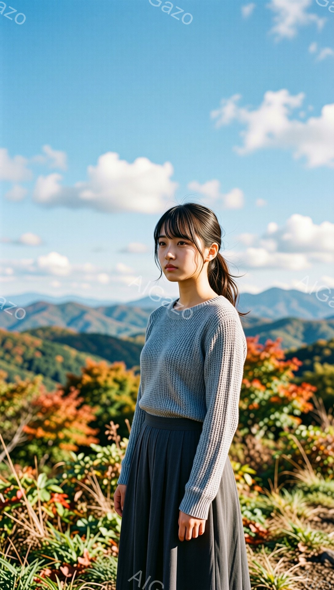 画像には、茶色とオレンジ色の植物に囲まれた山々を背景に、グレーのセーターとグレーのスカートを着た若い女性が立っています。彼女は髪をポニーテールにし、わずかに横を向いて少し憂いのある表情をしています。青空と白い雲が広がり、秋の穏やかで静かな雰囲気を醸し出しています。