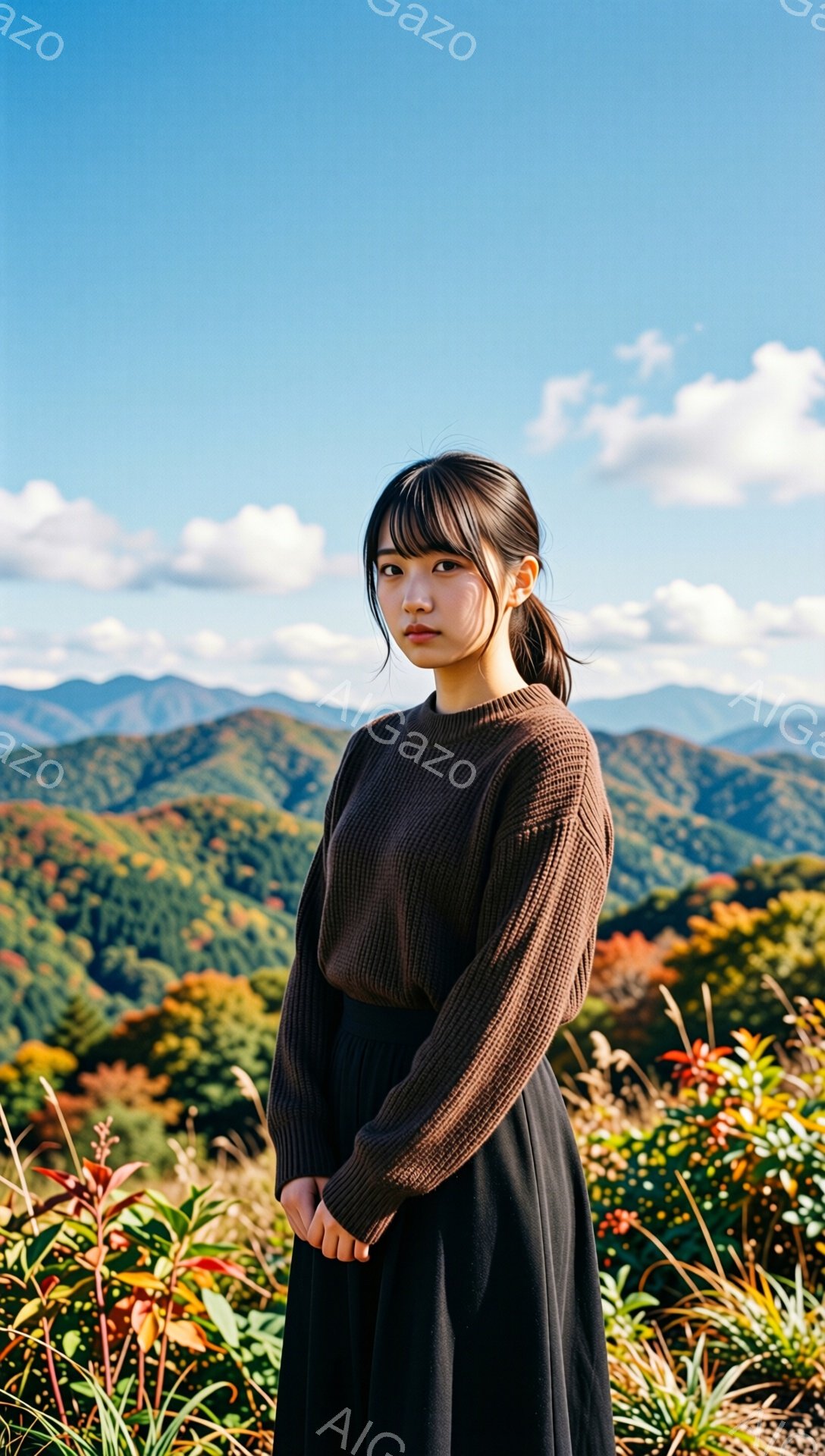 栗色のセーターと黒のスカートを着た若い女性が写っています。彼女は前髪を下ろしたロングヘアをポニーテールにし、穏やかな表情で正面を見つめています。背景には、秋の色づいた山々が広がり、晴天の空が広がっています。