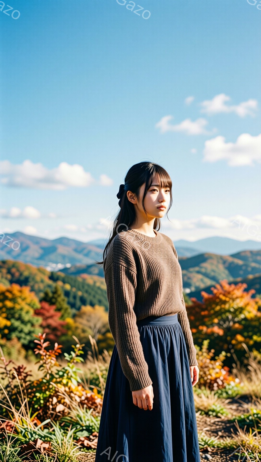 長い黒髪をセンターパートにした女性が、茶色のニットと濃紺のスカートを着て、秋の山を見下ろしています。彼女は少し横を向き、物憂げな表情を浮かべています。背景には鮮やかな紅葉の木々と、霞んだ山々が広がり、穏やかで少し寂しげな秋の雰囲気を醸し出しています。