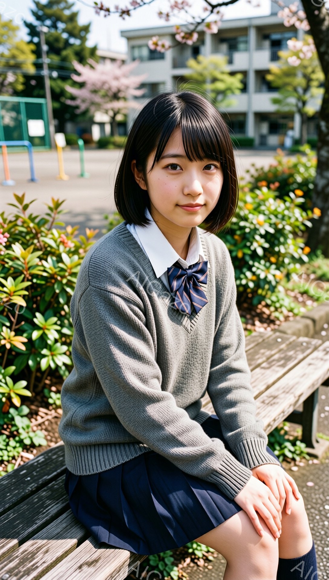 画像は、制服を着た若い女性が木製のベンチに座っている様子を捉えています。彼女は、グレーのセーターベストにネクタイ、青いプリーツスカート、そして膝下まで伸びる靴下を着用し、短い黒髪で、穏やかな微笑みを浮かべています。背景には、桜の木や学校の建物が見え、晴れた春の日に撮影された温かい雰囲気の画像です。