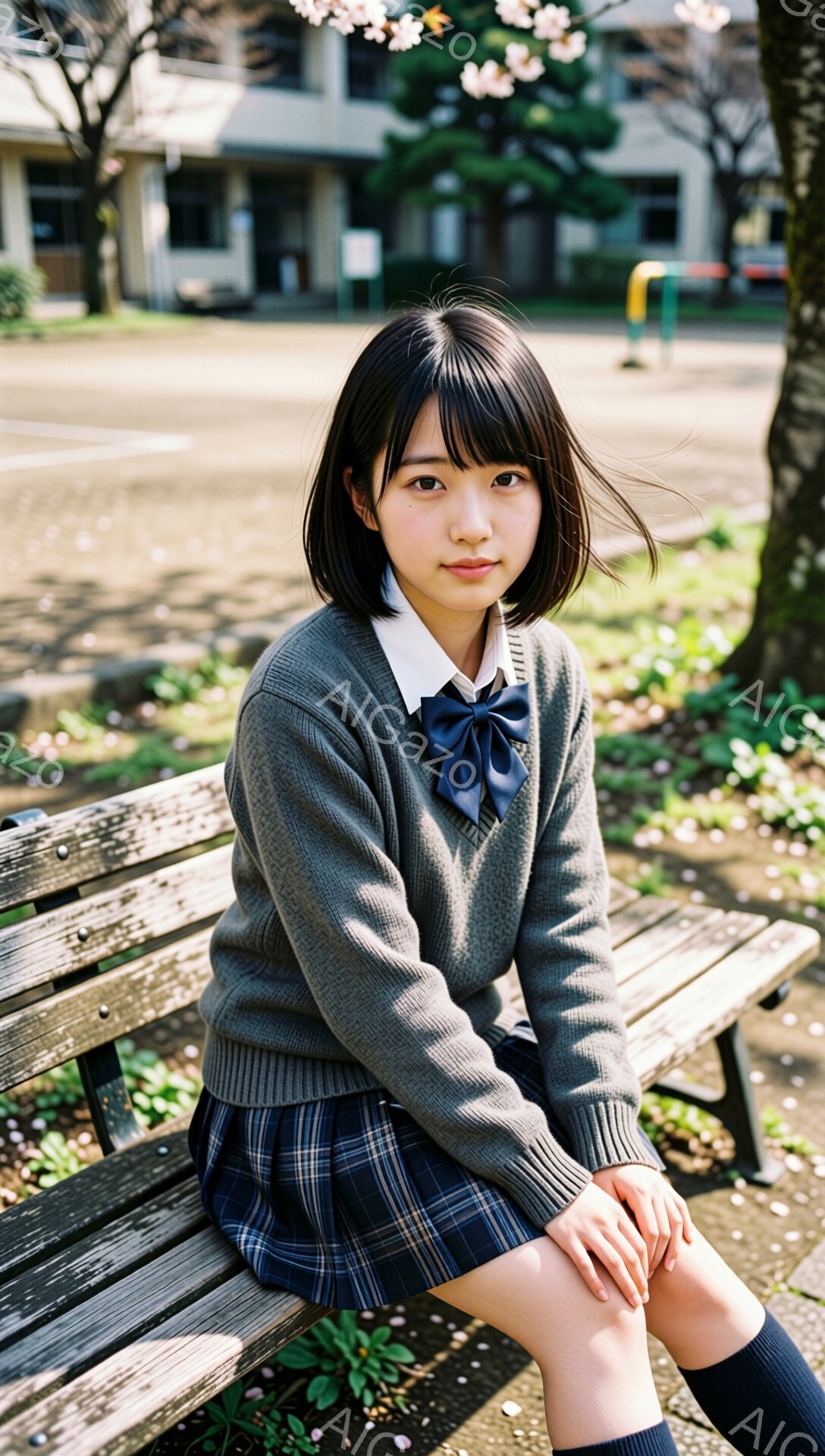 ショートヘアの女子学生が、公園のベンチに座ってこちらを見ている。紺色のリボン付きの白いシャツに、グレーのセーター、チェック柄のスカート、膝下まである靴下を着用している。背景には校舎や木々が見え、桜の花びらが舞い散る春の穏やかな日である。