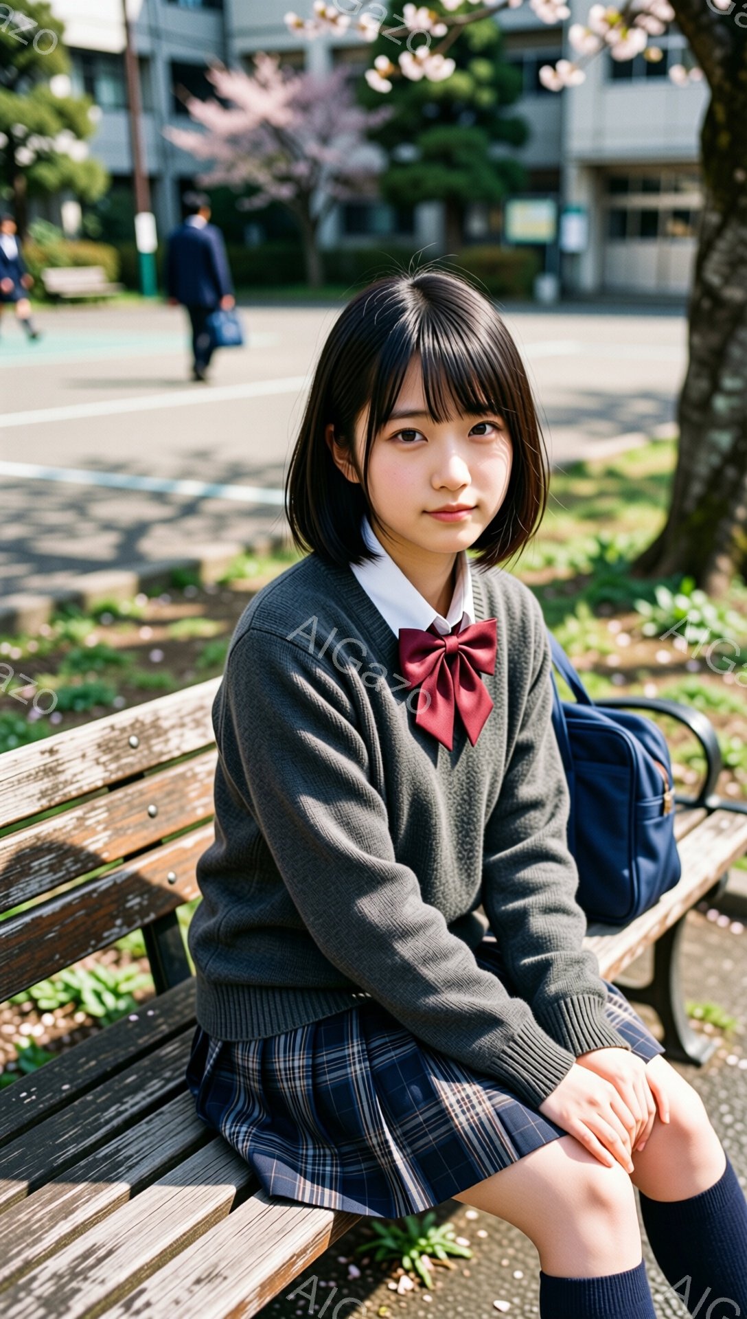 画像には、グレーのセーターとチェック柄のスカート、そして濃い青色のソックスを着用した若い女性が写っています。彼女はベンチに座って少し体を向け、控えめな笑顔を浮かべています。背景には桜の木々と学校のような建物が見え、春の穏やかな一日であることがわかります。