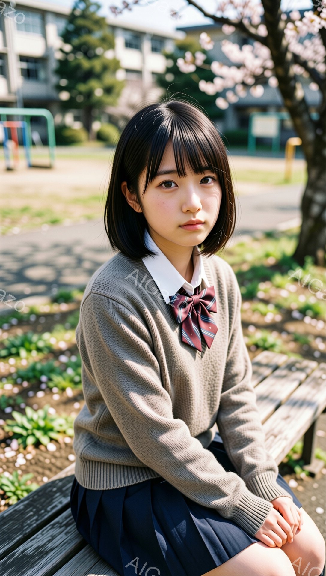 画像には、制服を着た若い女性が木製のベンチに座っている様子が写っています。彼女はベージュのセーター、赤いネクタイ、紺色のスカートを着用し、前髪を短く切った黒髪です。背景には桜が咲き誇る学校の建物と遊具が見え、春の穏やかな日差しの中で、彼女は少し内気な表情でこちらを見つめています。