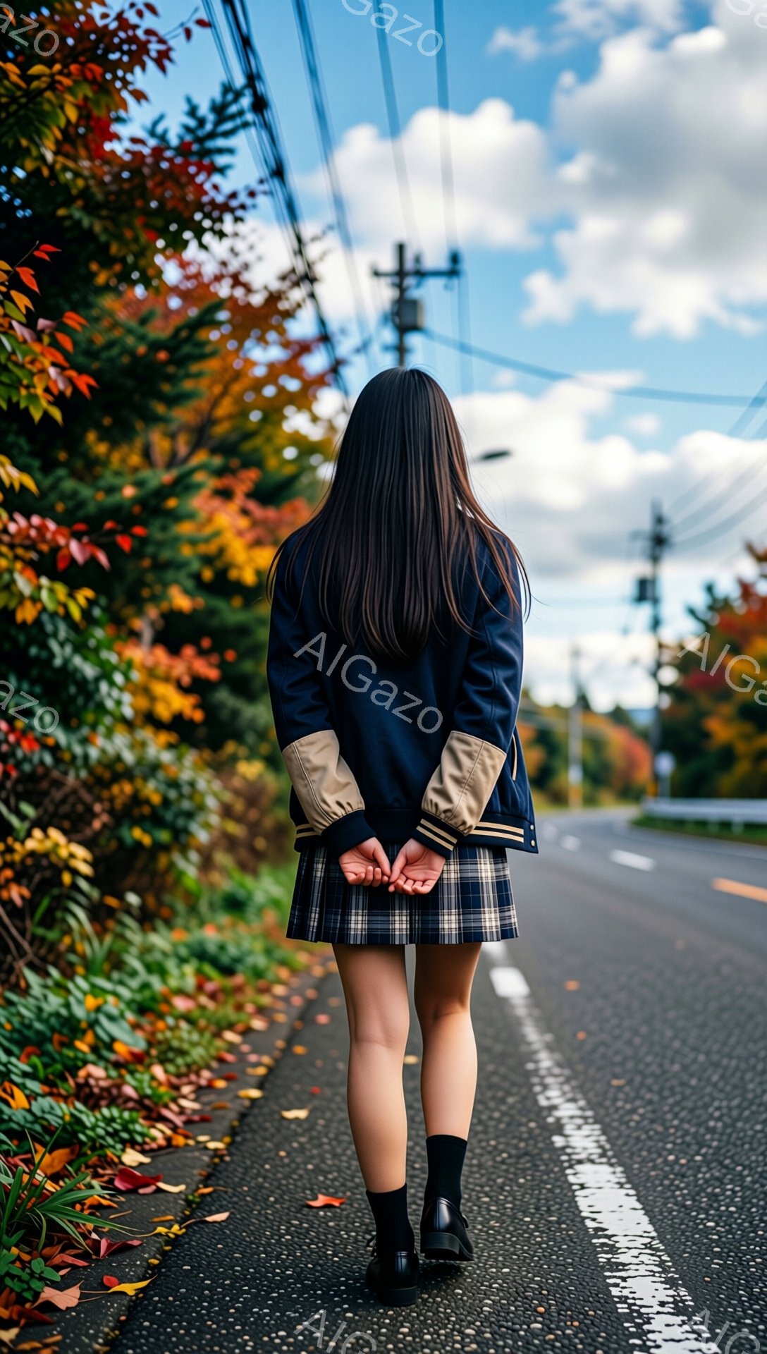 画像は、紺色のジャケットとチェック柄のスカートを身につけた女性の後ろ姿を捉えています。彼女は手を後ろで組み、アスファルトの道路を歩いています。背景には、紅葉した木々と電柱、そして青空が広がり、秋の寂しさと少し切ない雰囲気を醸し出しています。