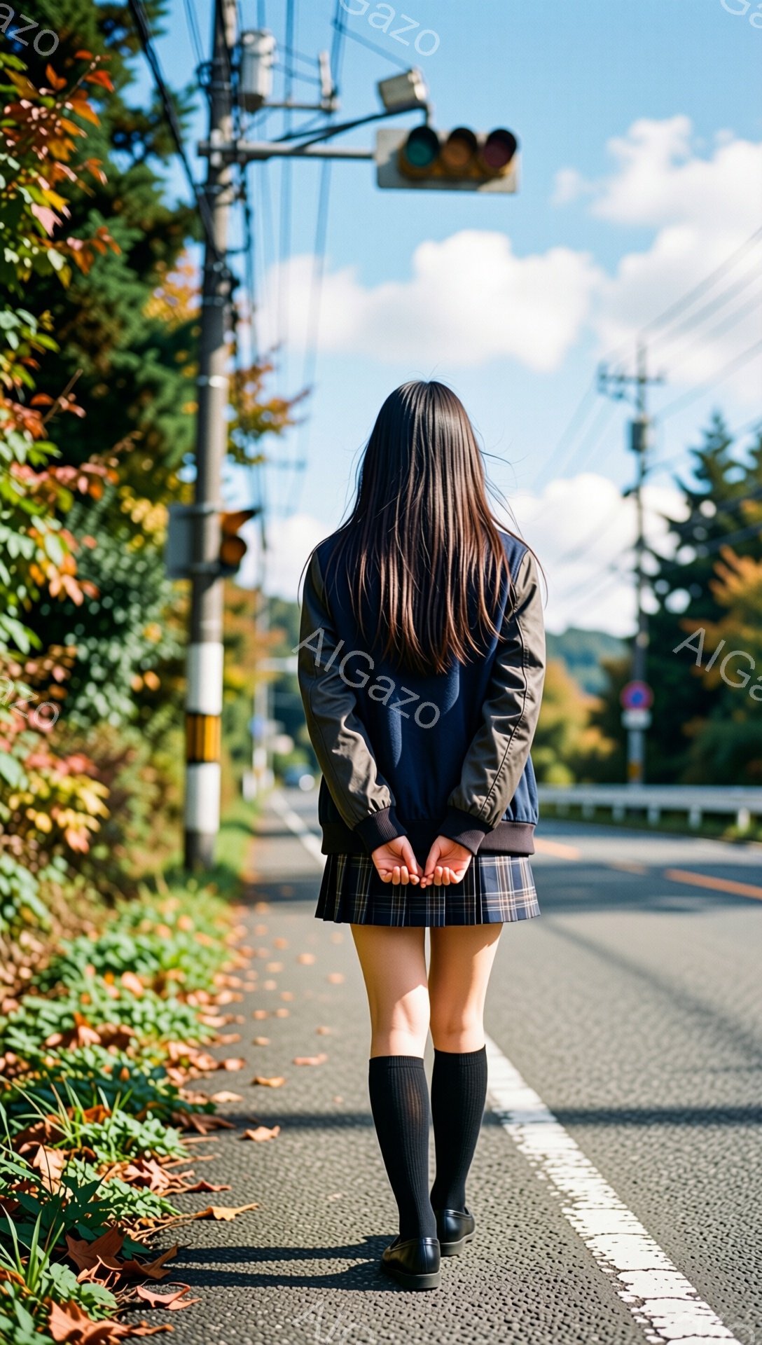 長い黒髪の少女が、制服姿で道路の中央を歩いている。紺色のジャケットとチェック柄のスカート、黒いソックスと靴を履き、後ろ姿は少し寂しげな印象を与える。背景には、紅葉が始まった自然豊かな風景と電柱、信号機が写っており、秋の晴れた日の穏やかな雰囲気が感じられる。