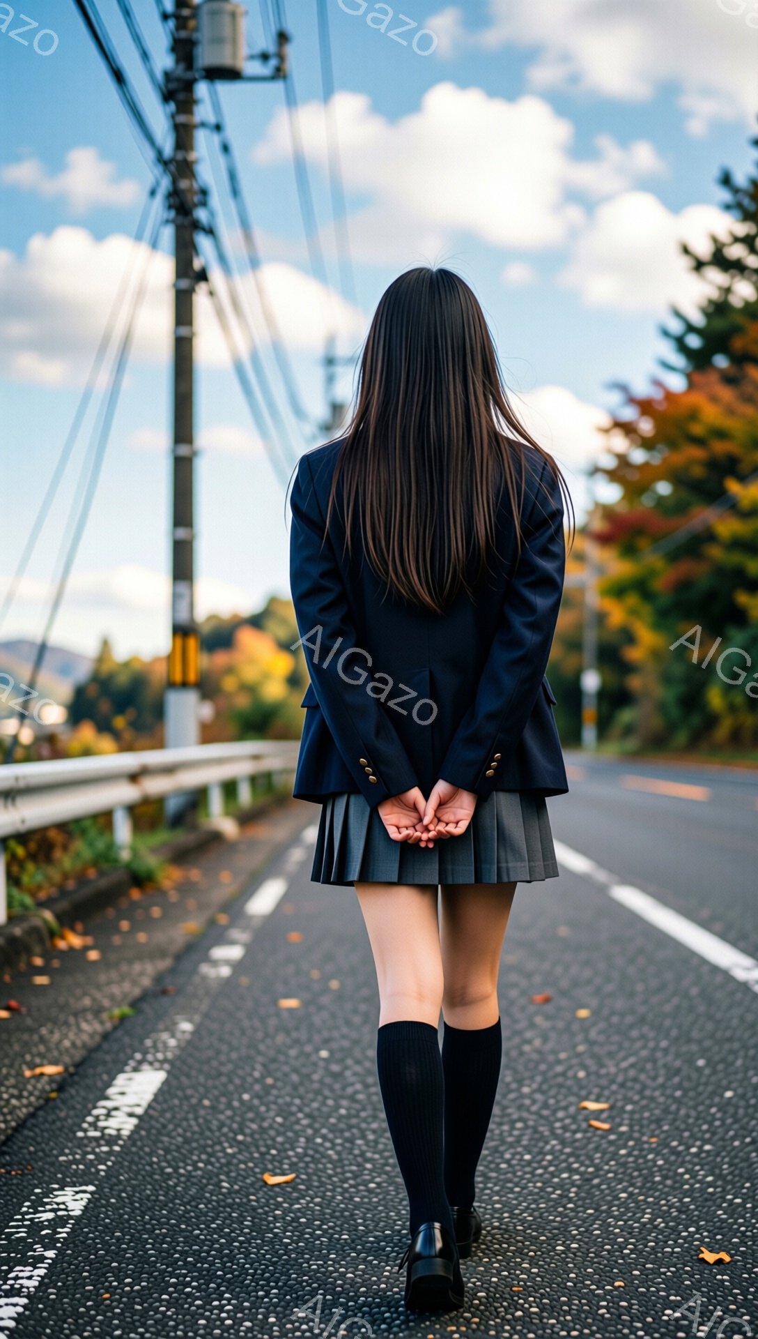 画像は、セーラー服姿の女性の後ろ姿を捉えています。黒髪は長くストレートで、紺色のブレザーとプリーツスカート、黒いニーハイソックスと靴を履いています。背景は、木々が色づき始めた秋の田舎道で、青空と白い雲が広がっています。