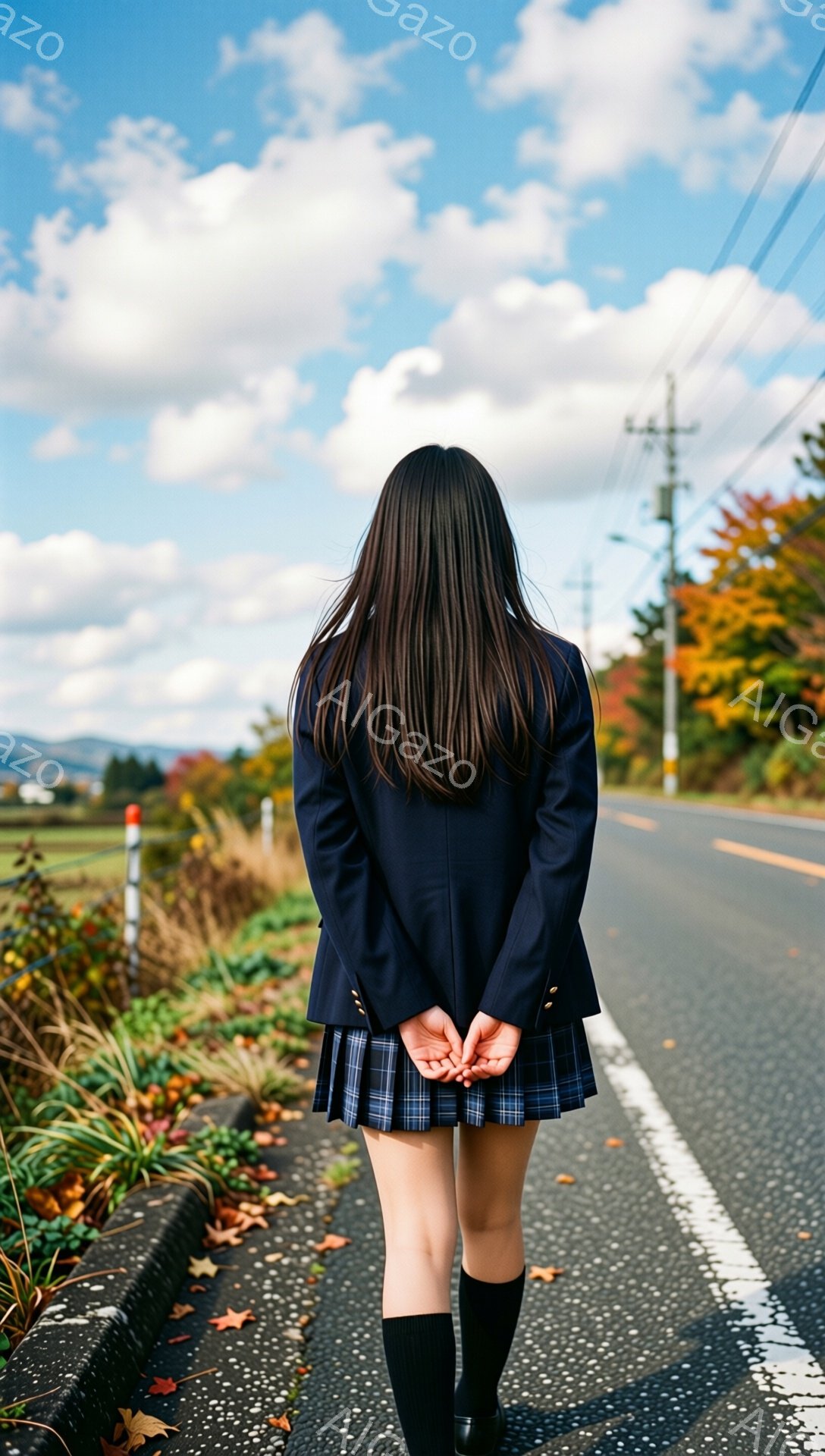 画像は、紺色のブレザーとチェック柄のスカート、黒いニーハイソックスを履いた女性の後ろ姿を捉えています。彼女は両手を背中で組み、アスファルトの道路の白線に沿って歩いています。背景には、秋の紅葉と田園風景が広がり、晴天の空が広がっています。