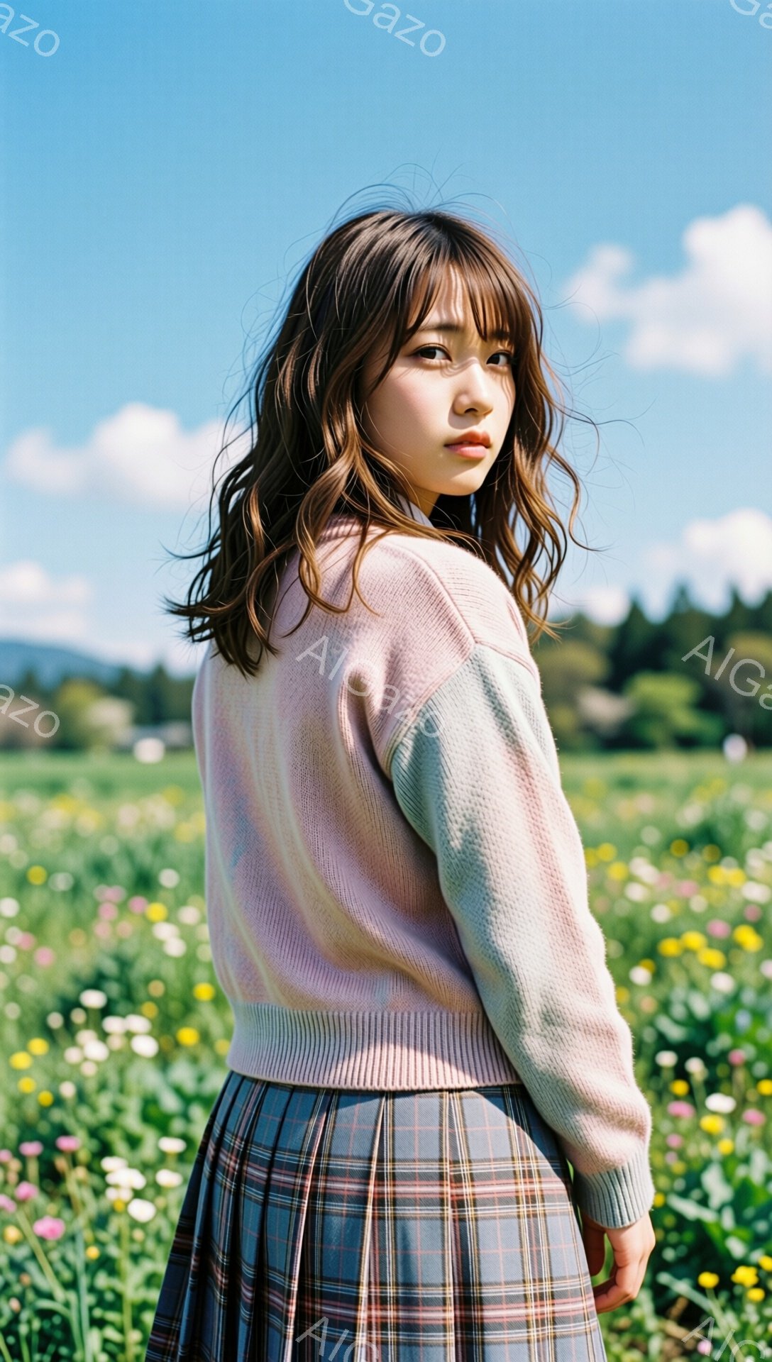 明るい日差しの下、少女が花畑の中に立っている。ピンクと緑のパステルカラーのセーターに、チェック柄のプリーツスカートを合わせ、ゆるやかなウェーブのかかった髪を肩に流している。背景には緑の丘と青空が広がり、全体的に柔らかく、夢のような雰囲気を醸し出している。