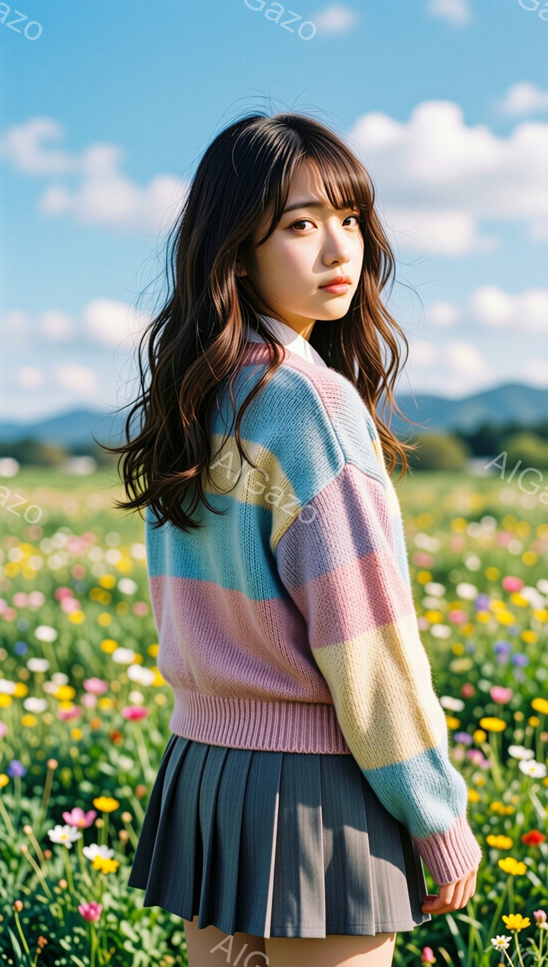 長い黒髪を肩のあたりで揺らし、パステルカラーのボーダーセーターと黒のプリーツスカートを身につけた若い女性が、花畑の中に立っている。彼女は振り返っており、少し微笑んでいる表情で、遠くを見つめている。背景には緑の丘と青い空が広がり、晴れた日の穏やかな雰囲気を醸し出している。