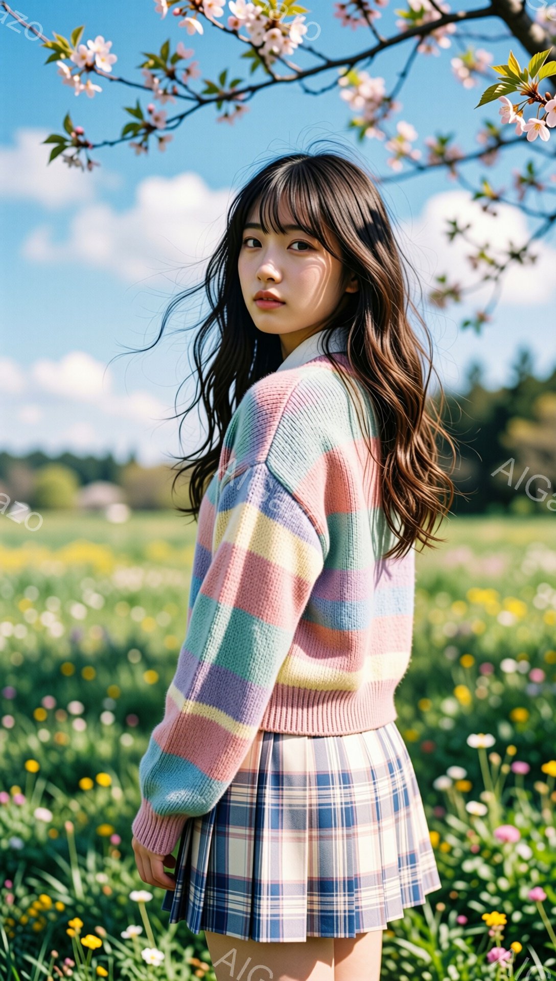 長い黒髪をセンターパートにした若い女性が、パステルカラーのブロック柄セーターとチェック柄のプリーツスカートを着て、花畑の中に立っています。彼女は後ろを向き、少し憂いを帯びた表情で、春の柔らかな光の中で物憂げな雰囲気を醸し出しています。背景には青空と緑豊かな木々が広がり、春の訪れを感じさせる穏やかな風景です。