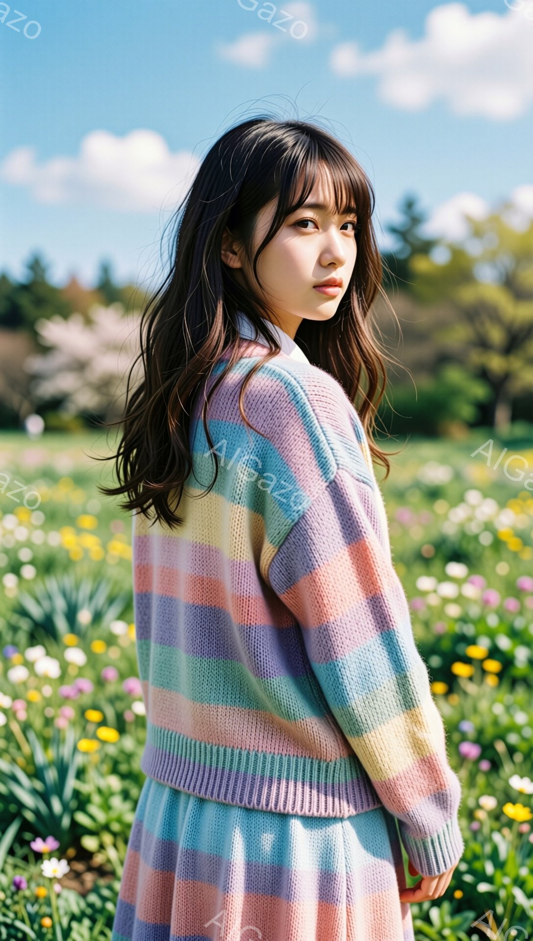 長い黒髪をなびかせ、パステルカラーのブロック状のニットカーディガンとスカートを身に着けた女性が写っている。彼女は後ろを振り返り、少し憂いを帯びた表情で遠くを見つめている。背景には、黄色い花が咲き乱れる草原と、ぼんやりと見える木々が広がり、晴れた空の下、春の穏やかな雰囲気を醸し出している。