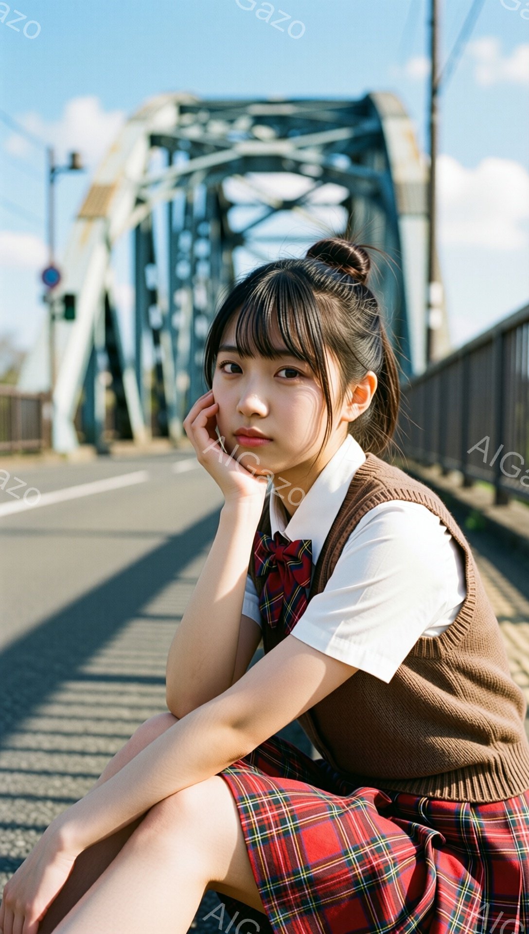 茶色のベストと白いシャツ、そして赤と緑のチェックのスカートを着た若い女性が、アスファルトの道路に座ってポーズをとっています。彼女は髪を後ろでまとめ、顔を両手で支え、少し物憂げな表情をしています。背景には青い空と大きな鉄の橋があり、晴れた日の穏やかな雰囲気を醸し出しています。