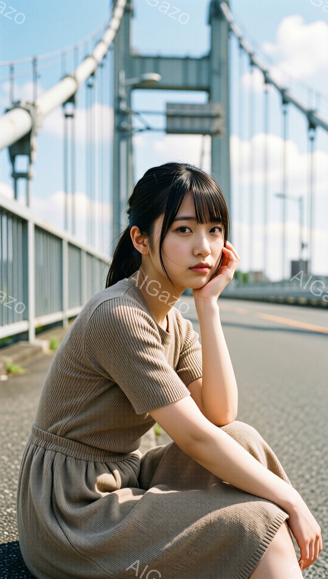 画像は、茶色のニットのワンピースを着た若い女性が、道路に座って顎に手を当てています。彼女は黒髪のストレートヘアで、少し憂いのある表情をしています。背景には、大きな橋の構造物と青空が広がり、穏やかで少し - AI生成フリー素材