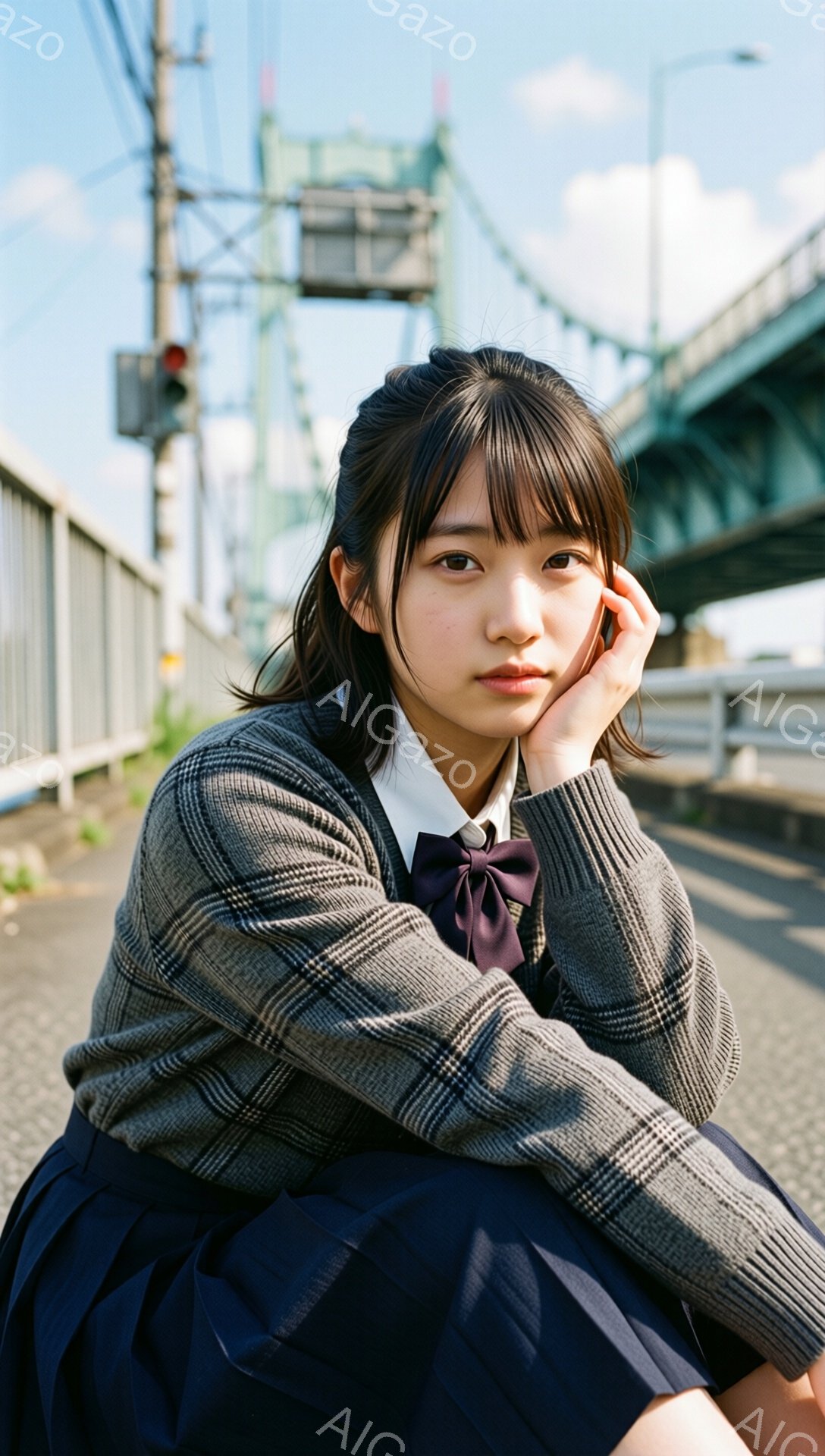 制服を着た若い女性が、アスファルトの道に座ってポーズを取っています。彼女はチェック柄のカーディガン、白いシャツ、濃い青色のプリーツスカート、紫色のリボンを着用し、片手で頬を支えています。背景には青い空 - AI生成フリー素材