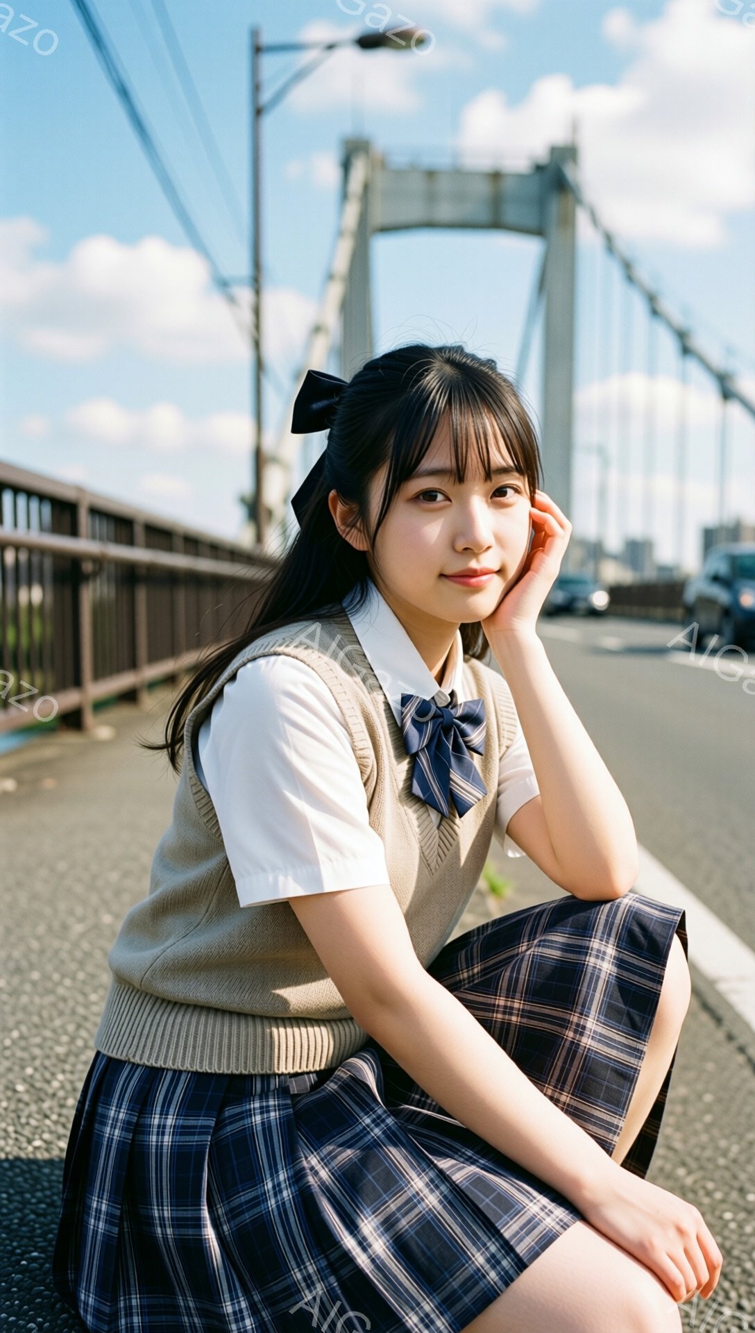 画像には、チェックのスカートとベージュのベスト、白いシャツを着た若い女性が写っています。彼女は片方の頬に手を当て、微笑んでカメラを見ており、黒髪を後ろでポニーテールにまとめています。背景には、青空の下の橋とわずかな緑があり、晴れた日の穏やかな雰囲気を醸し出しています。