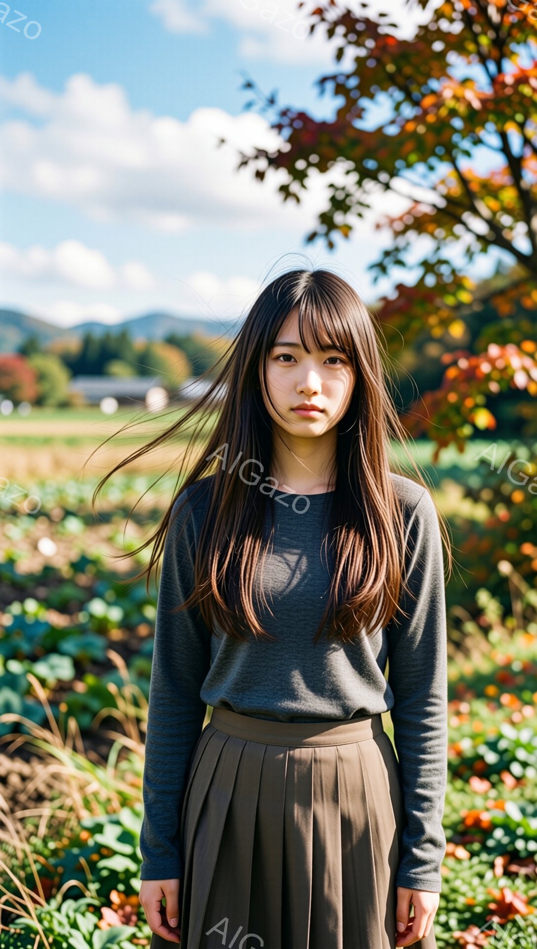 長い黒髪の女性が、灰色の長袖シャツとオリーブグリーンのプリーツスカートを着ています。彼女はやや無表情で、まっすぐカメラを見つめています。背景には、鮮やかな紅葉の木々と緑豊かな草地が広がり、晴れた空の下 - AI生成フリー素材