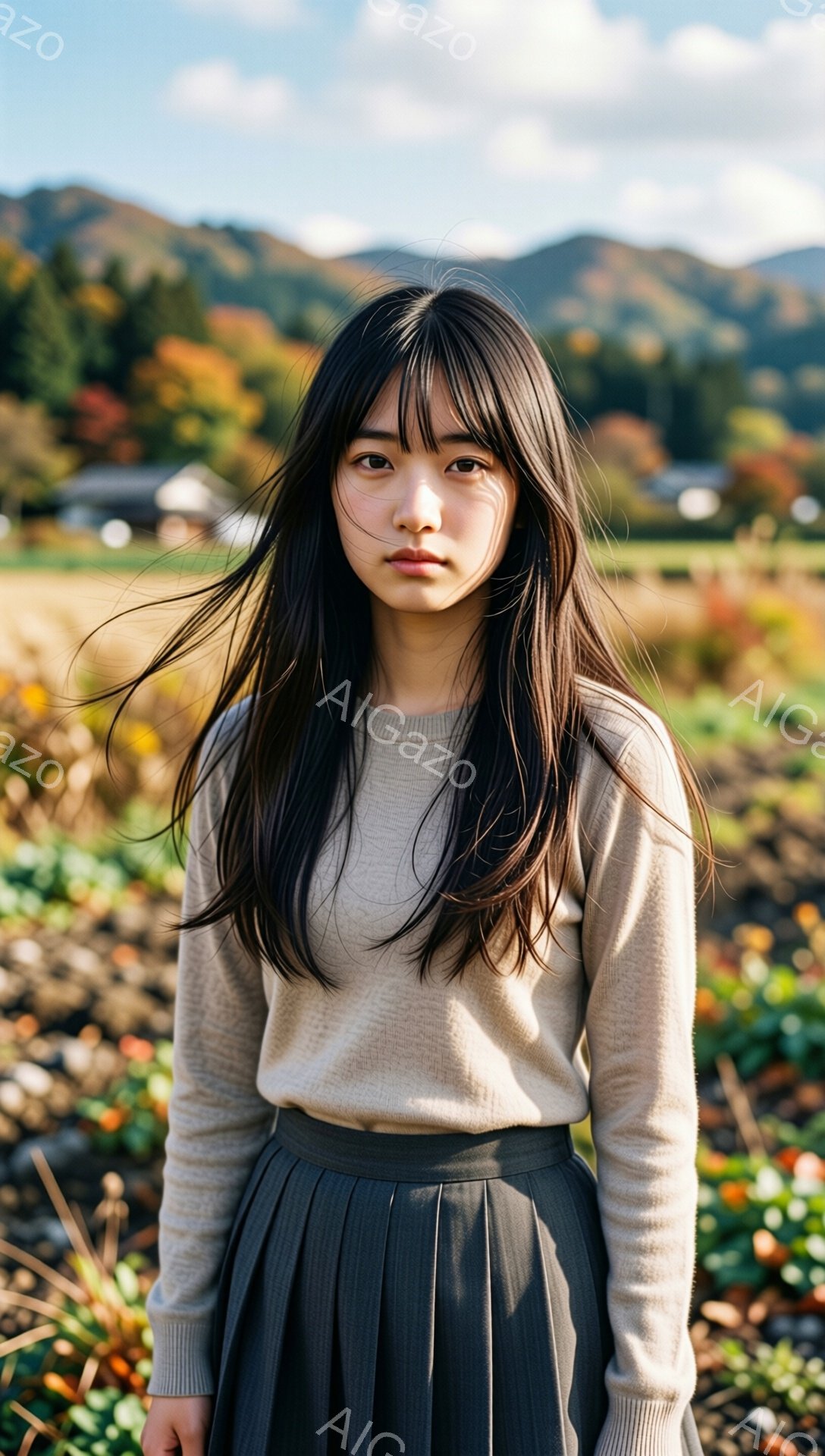 長い黒髪をなびかせ、ベージュ色のセーターとグレーのプリーツスカートを身につけた若い女性が写っている。彼女は少し憂いを帯びた表情で、正面をまっすぐ見つめている。背景には、秋の色彩に染まった田園風景が広がり、穏やかな晴天の下、自然と女性の姿が調和している。